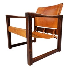 Midcentury Safari Lounge Chair in Patinated Cognac Saddle Leather, 1970s