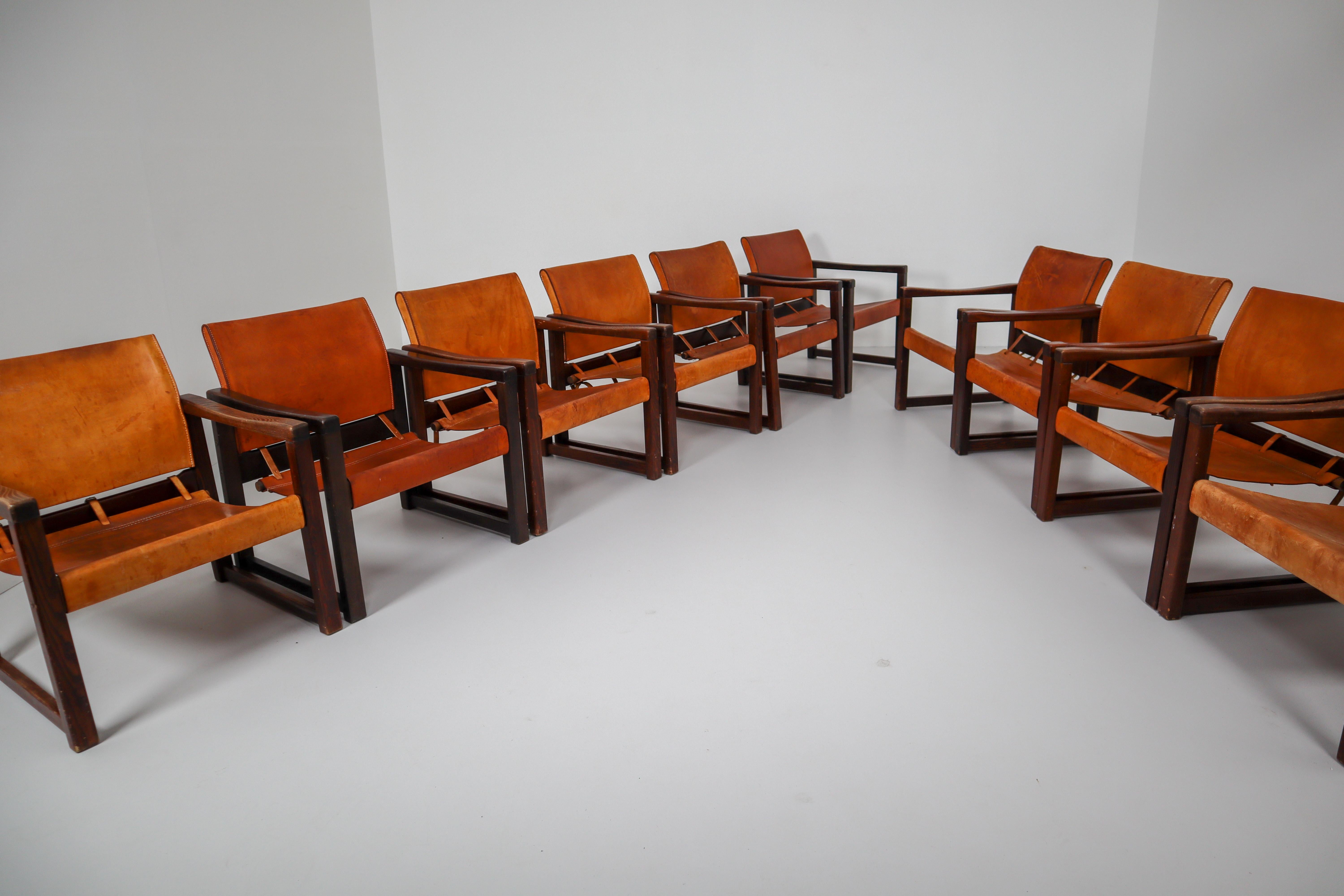 Midcentury Safari Lounge Chairs in Patinated Cognac Saddle Leather, 1970s 6