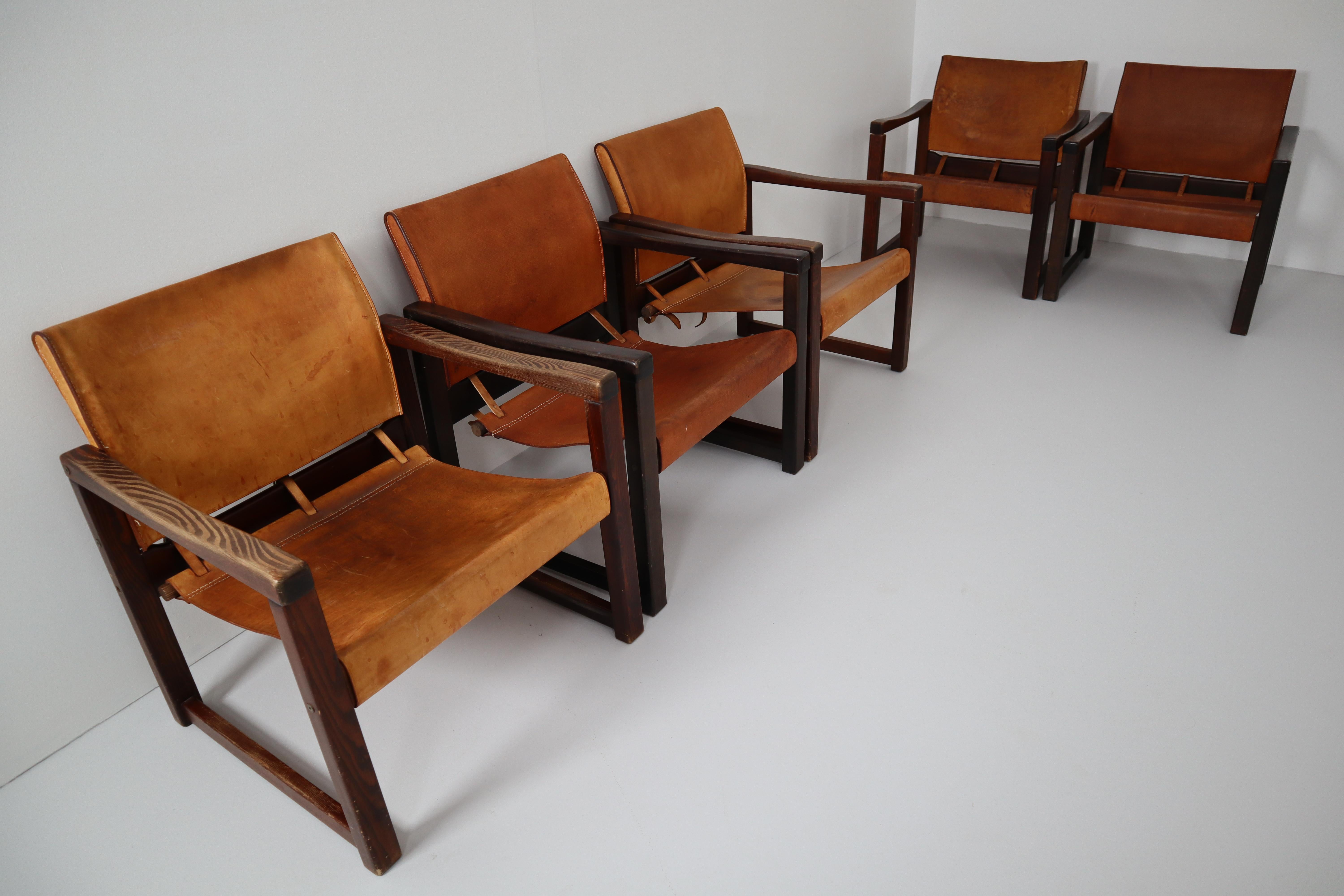 Scandinavian Modern Midcentury Safari Lounge Chairs in Patinated Cognac Saddle Leather, 1970s