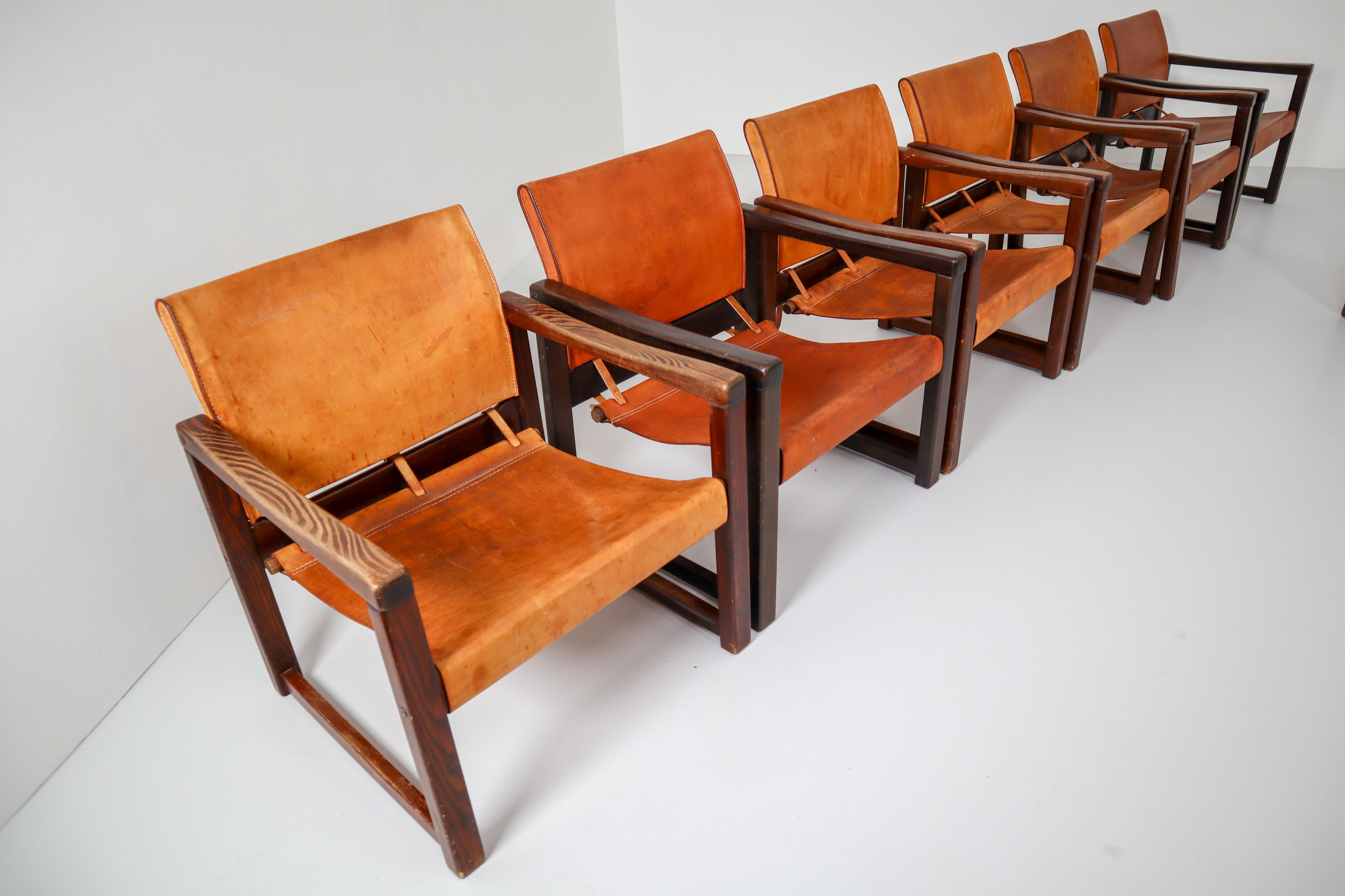 Midcentury Safari Lounge Chairs in Patinated Cognac Saddle Leather, 1970s In Good Condition In Almelo, NL