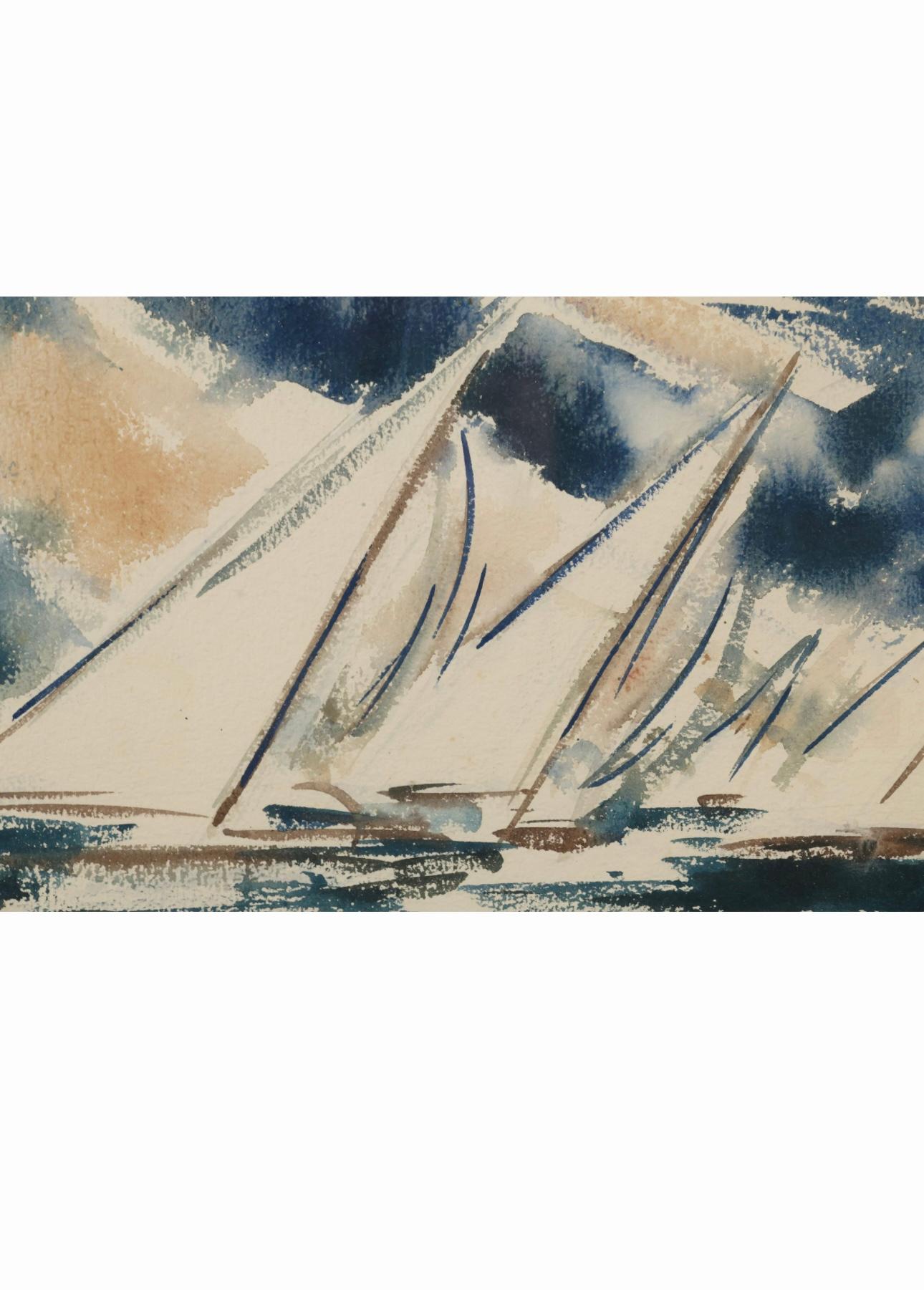 Peinture à l'aquarelle d'une scène de voile du milieu du siècle par Bartsch 1953 en vente 3