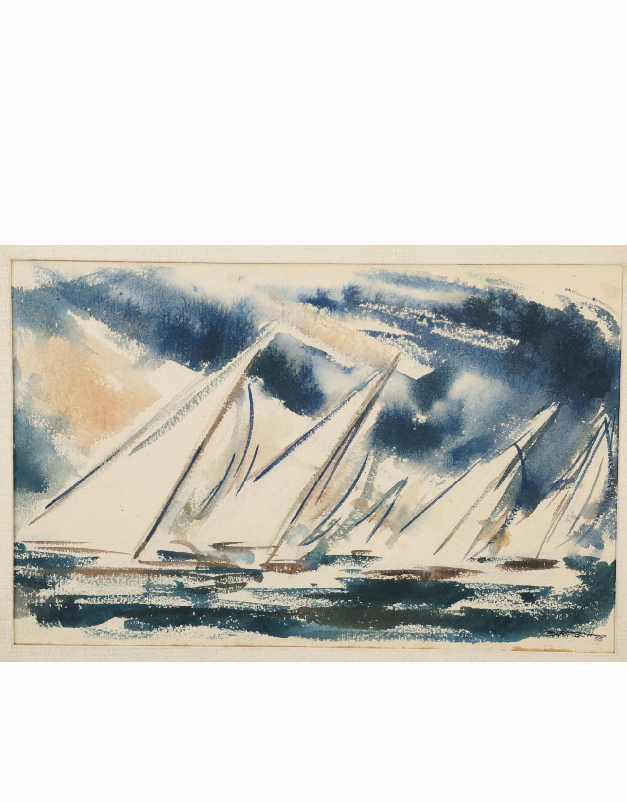 Une aquarelle sur papier vintage encadrée de l'artiste américain Bartsch. 

L'œuvre représente une flotte de voiliers en mouvement sous un ciel bleu.

Signé et daté 1953 au verso.

Maté et encadré dans un cadre vintage en bois peint en noir.