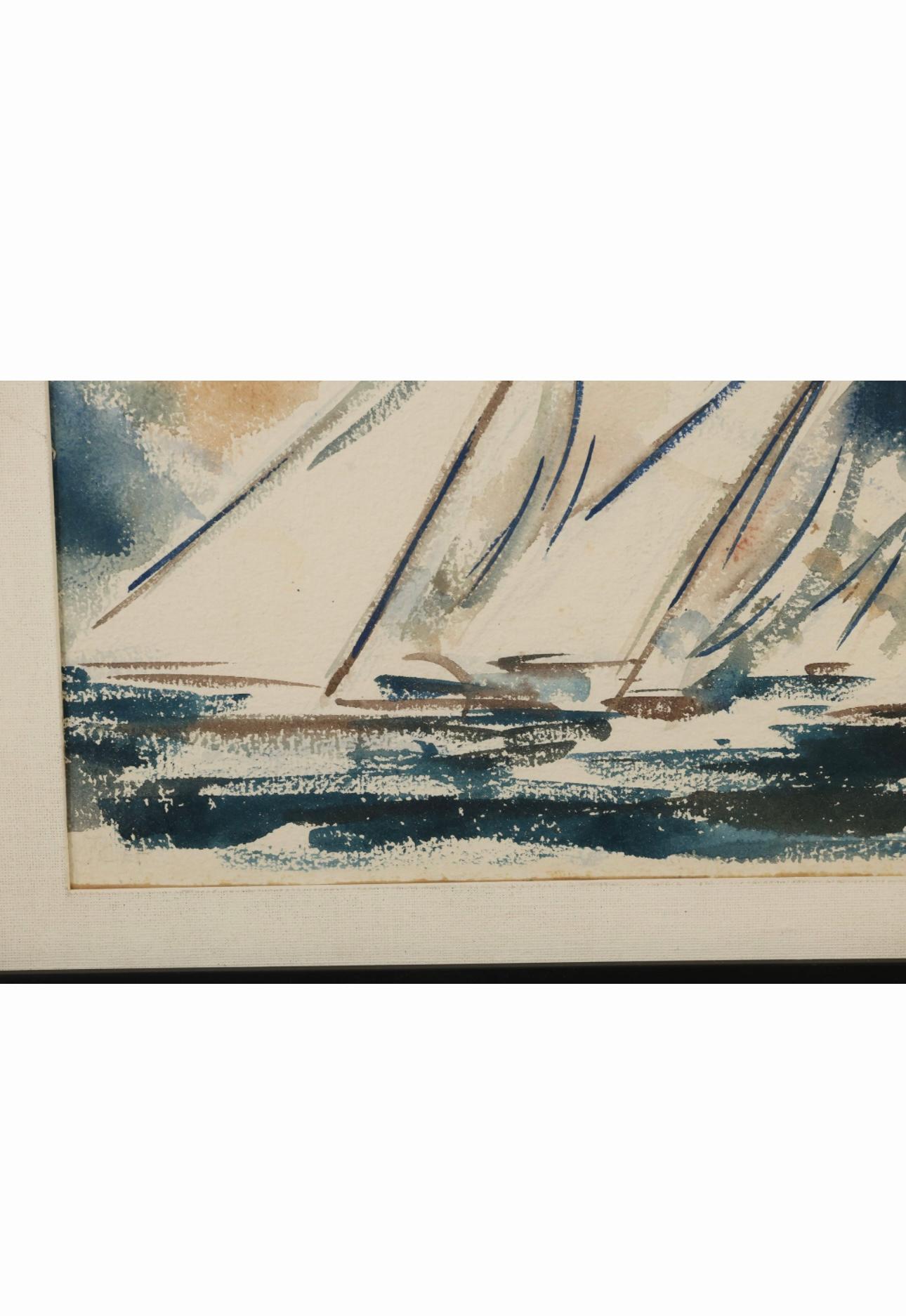 Mid-Century Modern Peinture à l'aquarelle d'une scène de voile du milieu du siècle par Bartsch 1953 en vente