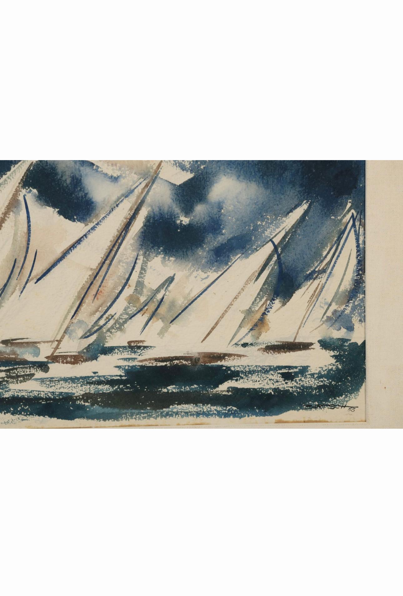 Américain Peinture à l'aquarelle d'une scène de voile du milieu du siècle par Bartsch 1953 en vente