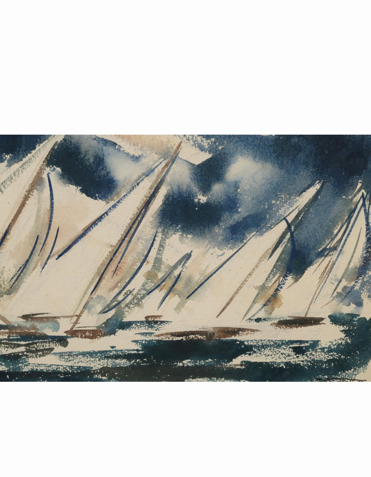 Peinture à l'aquarelle d'une scène de voile du milieu du siècle par Bartsch 1953 en vente 2