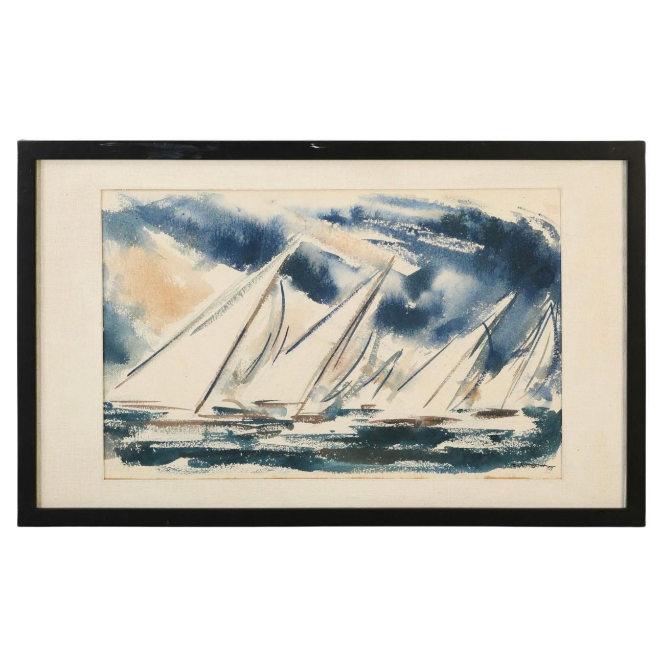 Mitte des Jahrhunderts Segeln Szene Aquarell Gemälde von Bartsch 1953