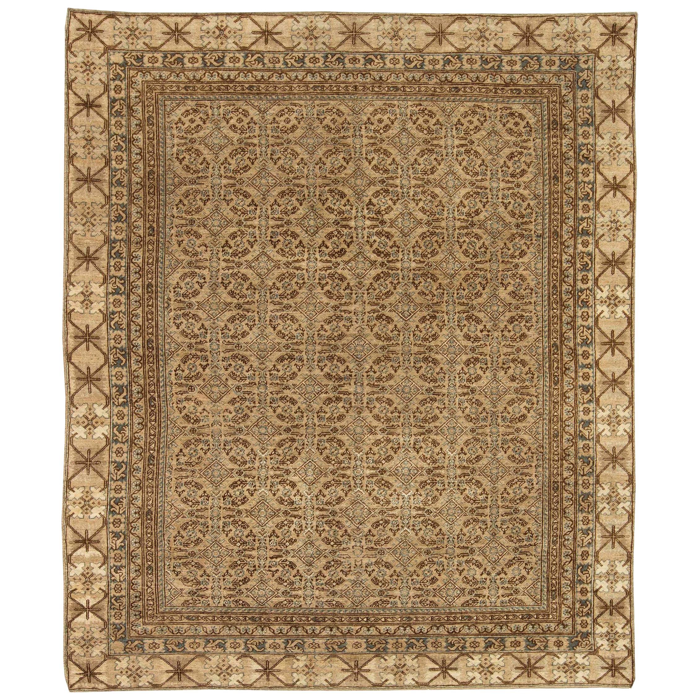 Midcentury Samarkand Brown Beige Handwoven Wool Rug