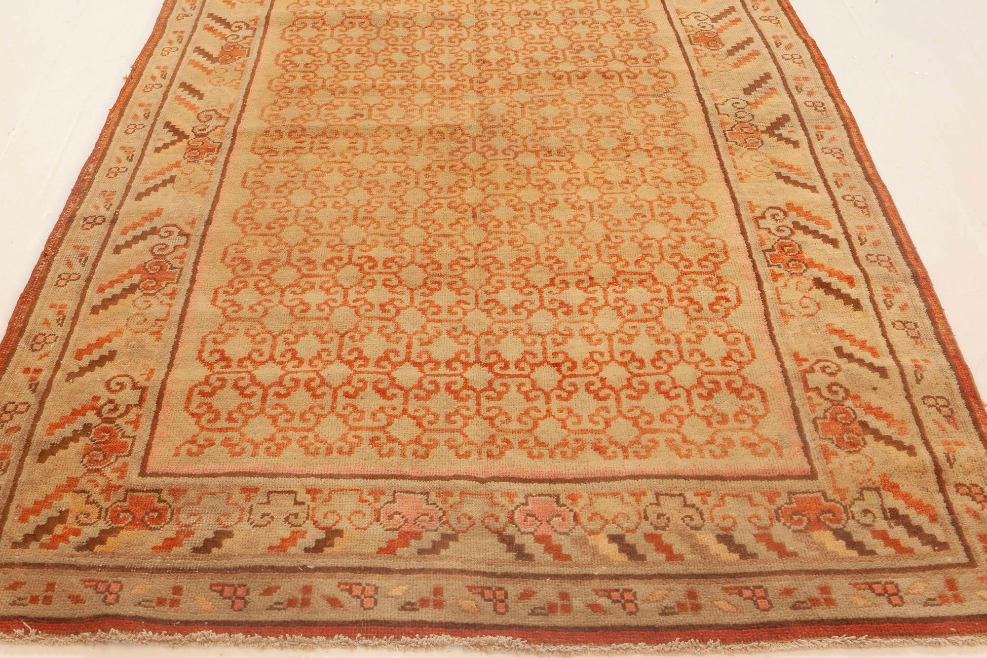 East Turkestani Midcentury Samarkand Orange Handmade Wool Rug For Sale