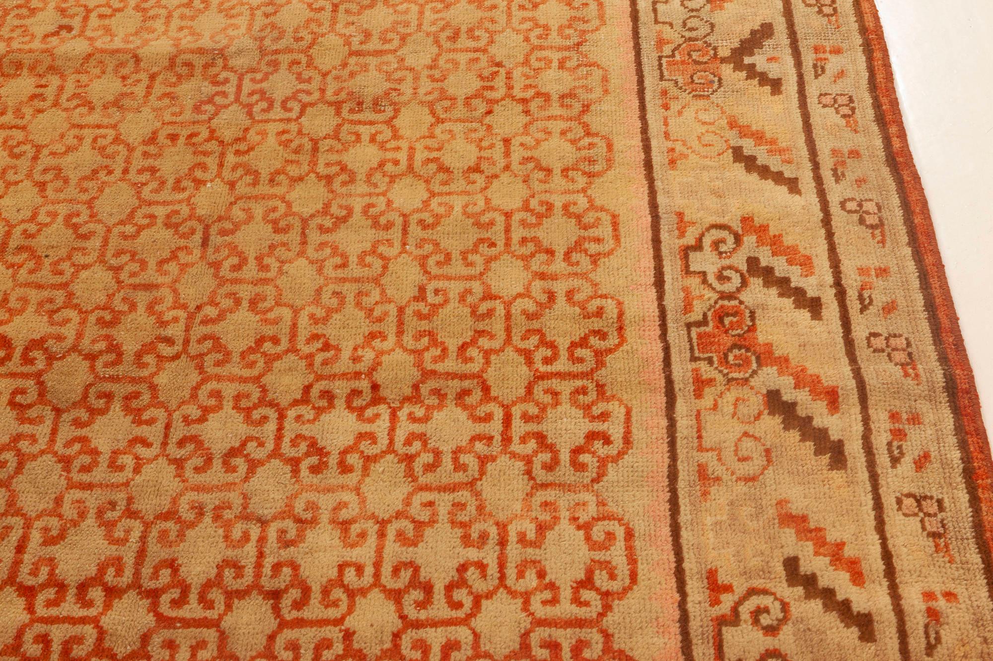 Hand-Knotted Midcentury Samarkand Orange Handmade Wool Rug For Sale