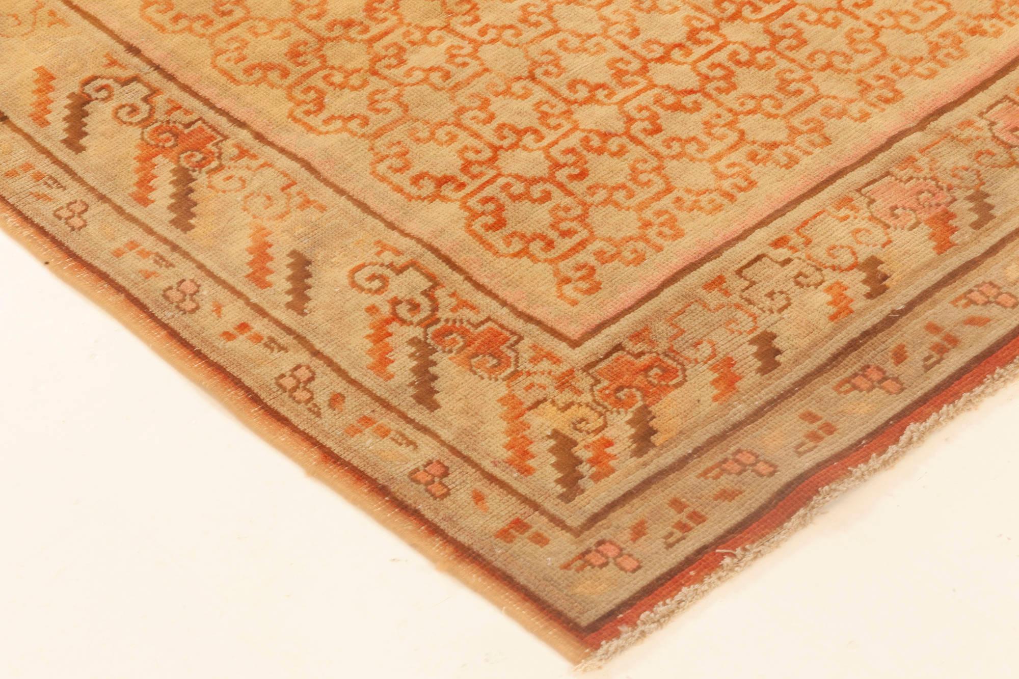 Midcentury Samarkand Orange Handmade Wool Rug In Good Condition For Sale In New York, NY