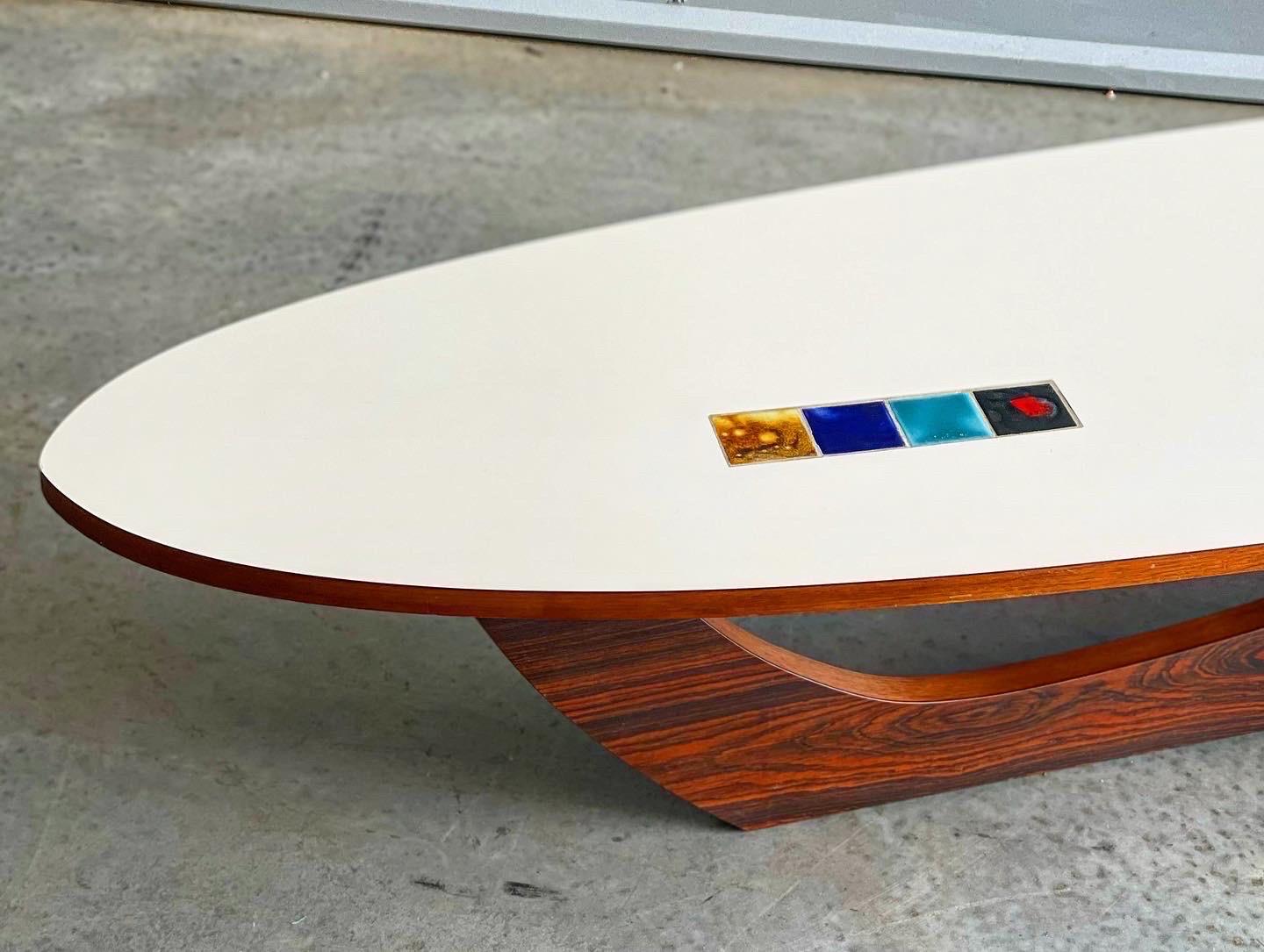 Midcentury Samson Berman Studio Craft Surfboard Style Coffee Table W/ Inset Tile 3