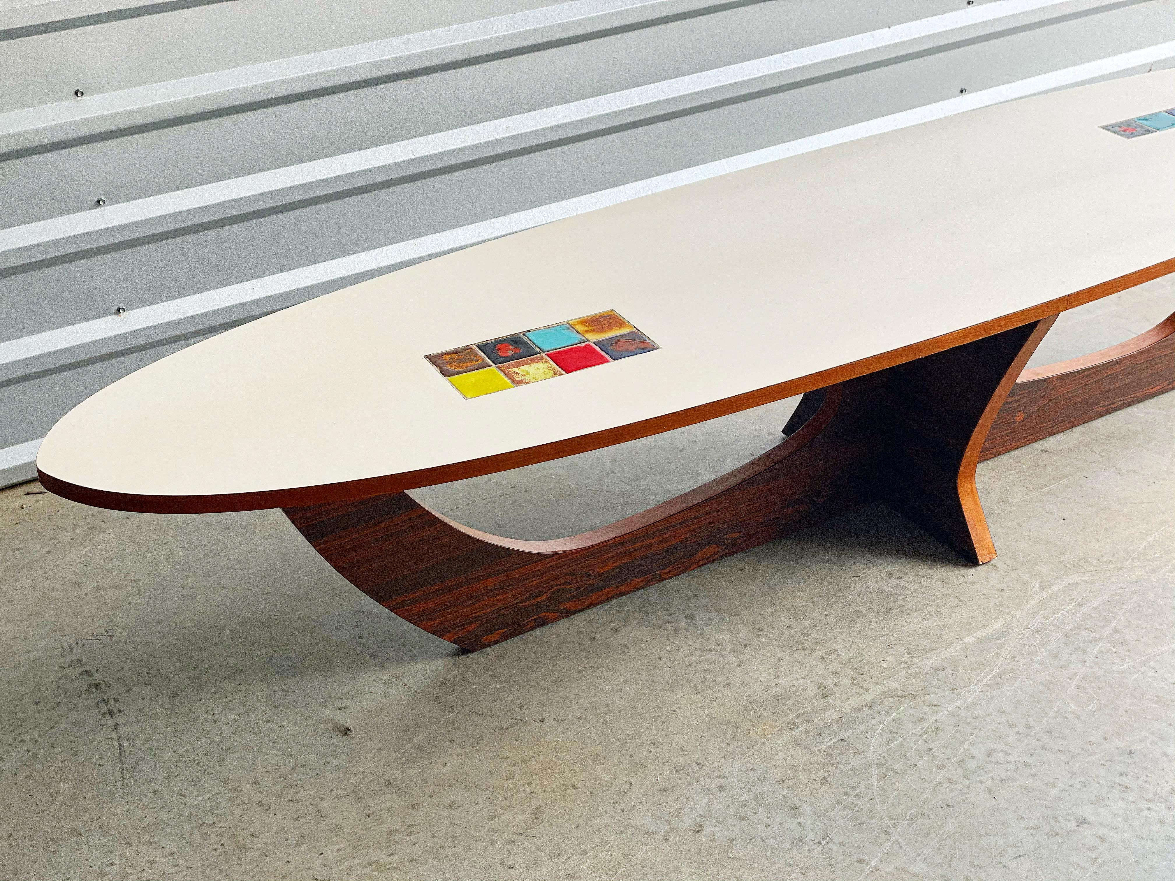 American Midcentury Samson Berman Studio Craft Surfboard Style Coffee Table W/ Inset Tile
