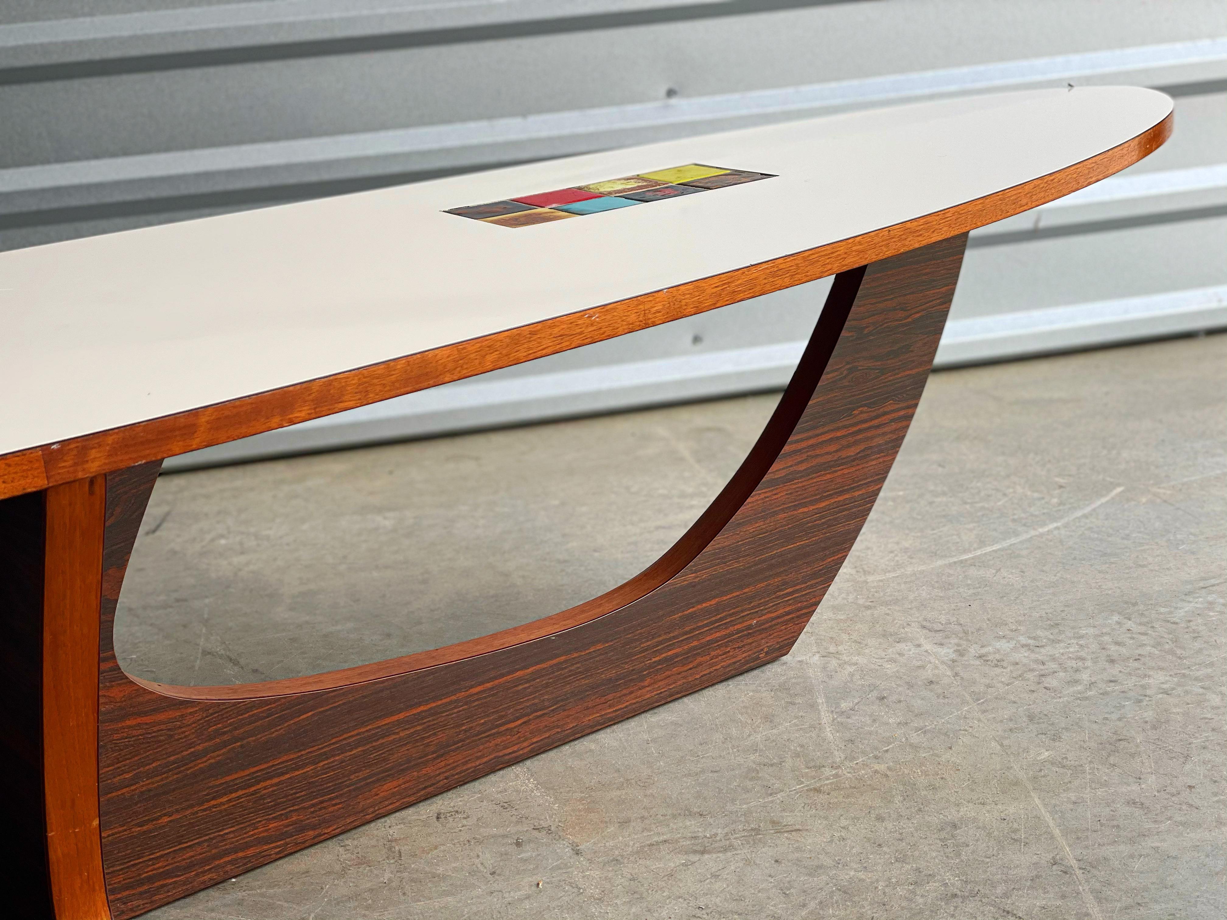 Mid-20th Century Midcentury Samson Berman Studio Craft Surfboard Style Coffee Table W/ Inset Tile