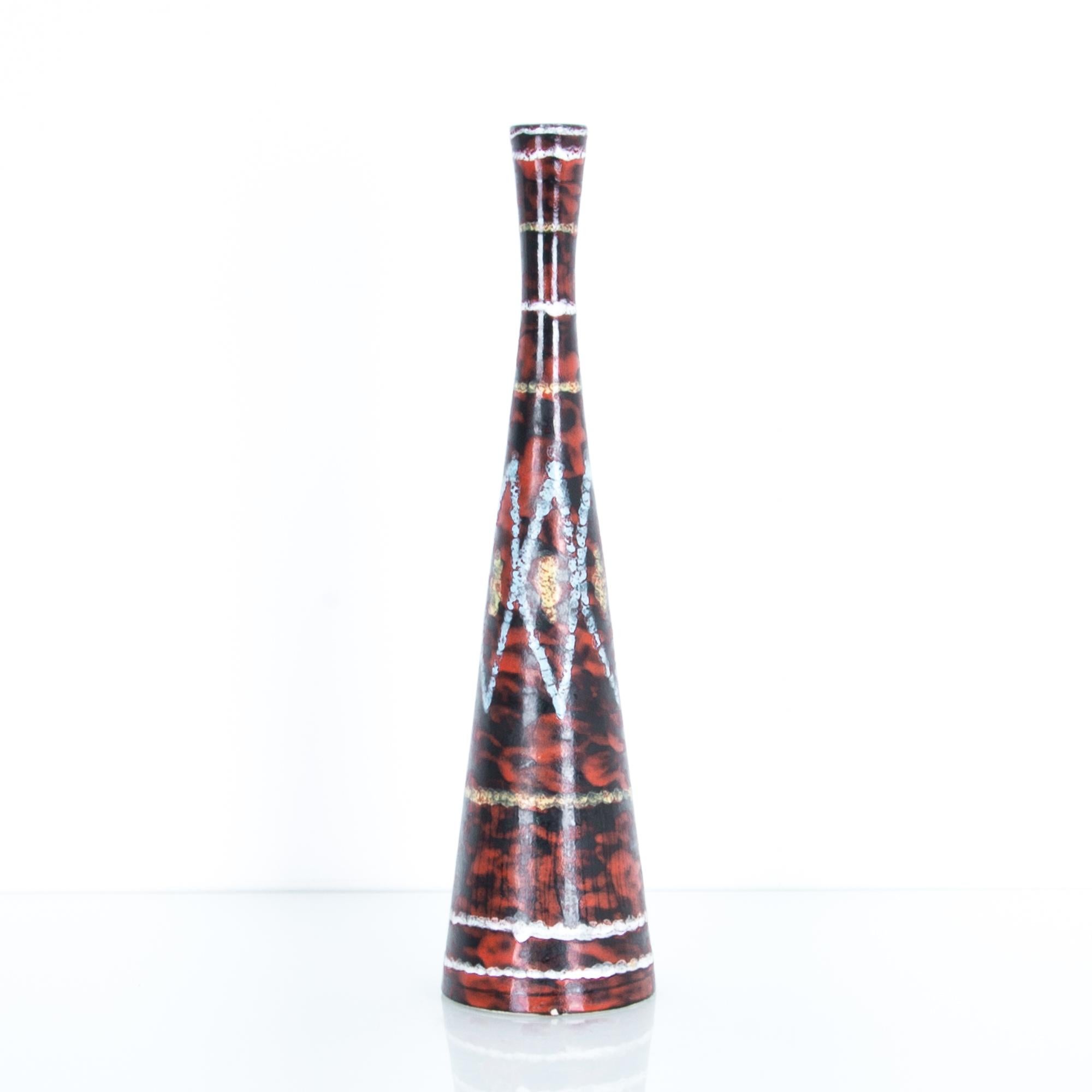 This midcentury ceramic vase comes from the republic of San Marino, a micro-state in the middle of Northern Italy. The distinct San Marino style of ceramics, which flourished in the 1950s and 1960s, is notable for modern shapes and contrast between