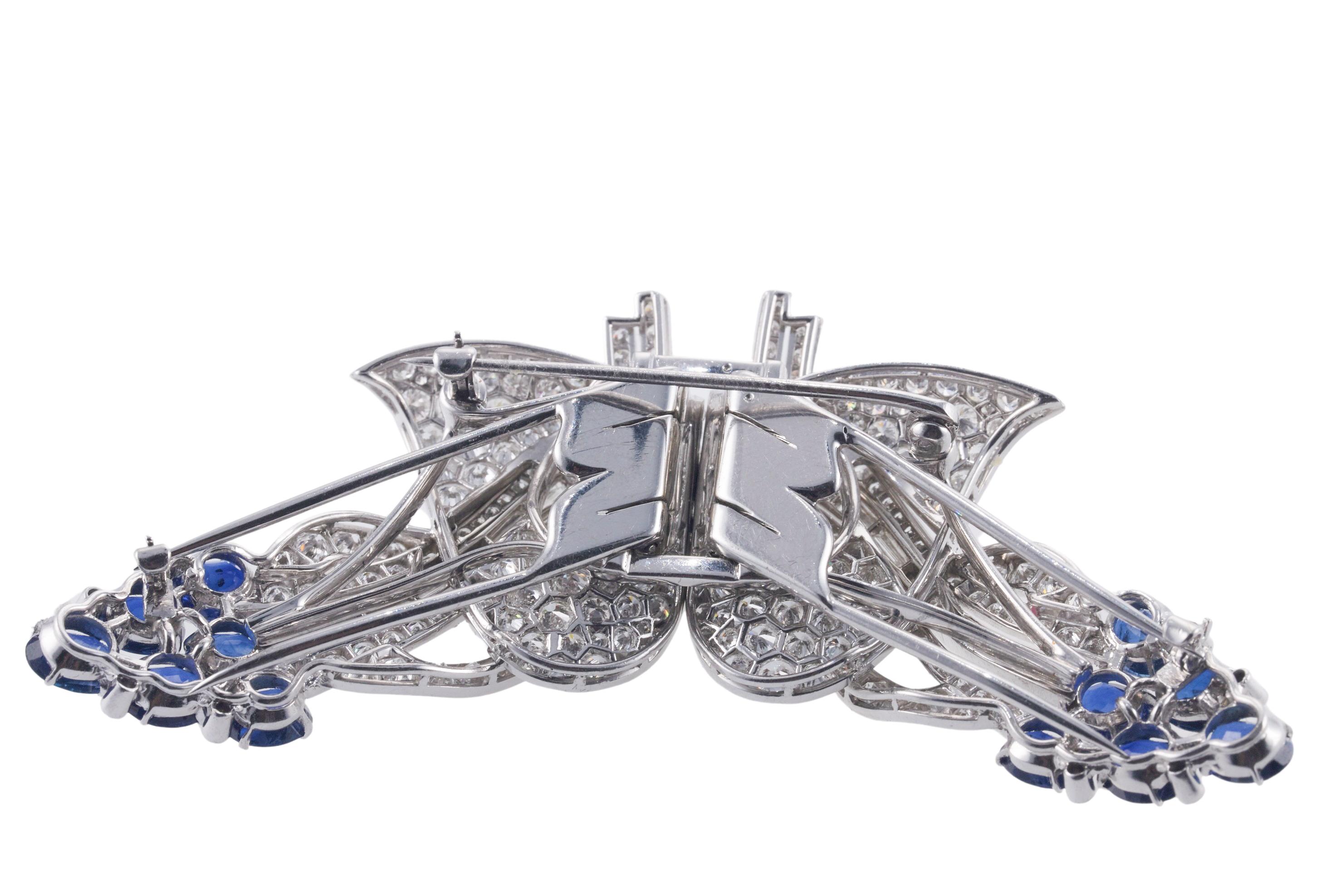 Midcentury Sapphire Diamond Platinum Brooch Clip Set For Sale 5