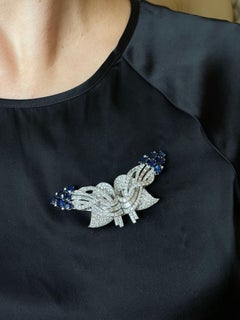 Platin-Brosche mit Saphir-Diamant-Clip aus der Mitte des Jahrhunderts