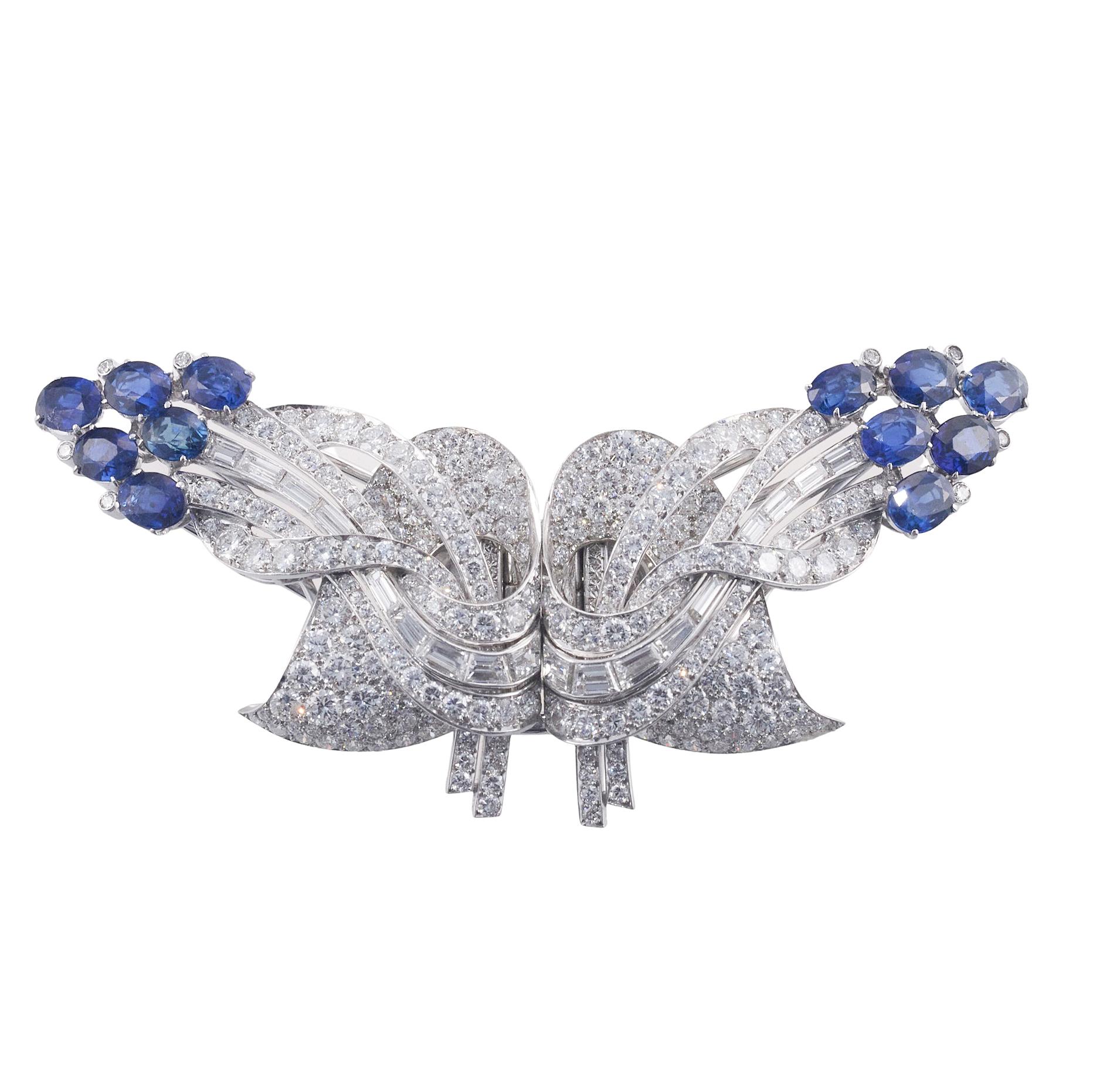 Midcentury Sapphire Diamond Platinum Brooch Clip Set For Sale 1