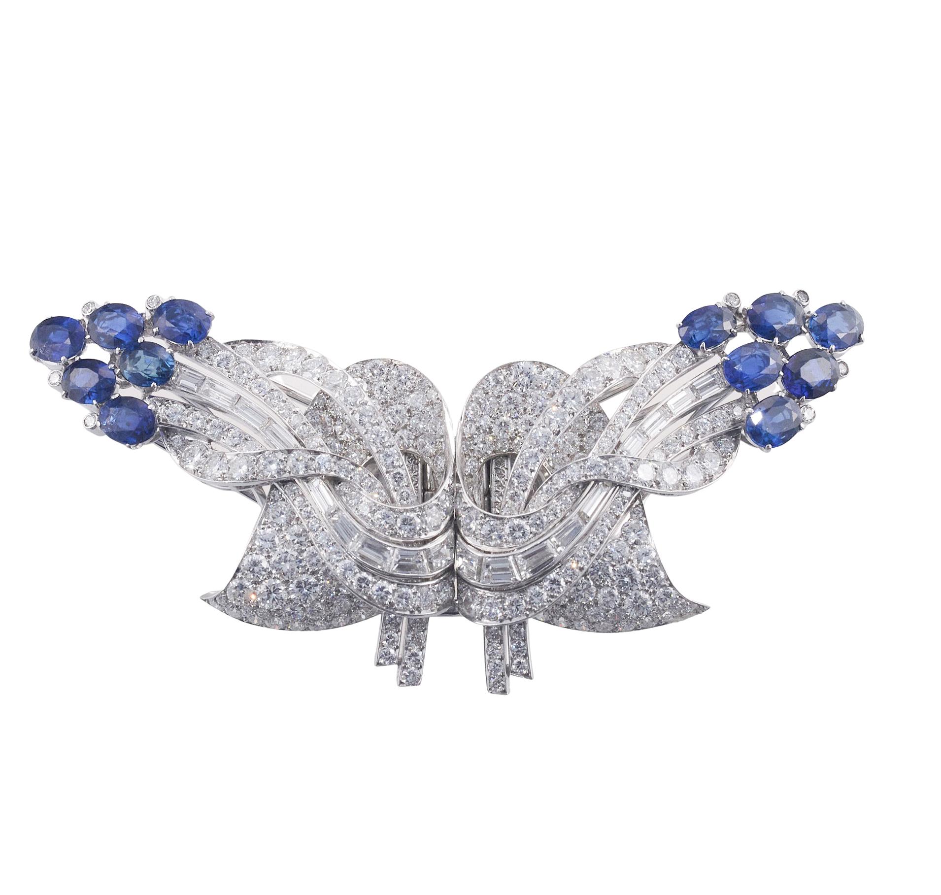 Midcentury Sapphire Diamond Platinum Brooch Clip Set For Sale 1