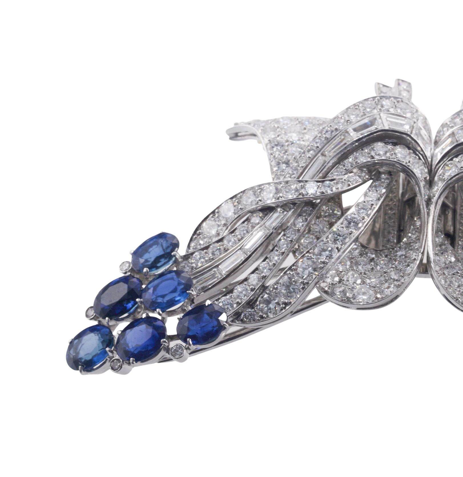 Midcentury Sapphire Diamond Platinum Brooch Clip Set For Sale 4