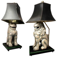 Vintage Sarreid Ltd Hand-carved Wood Foo Dog Table Lamp Pair, Spain, Brass, Mid-century