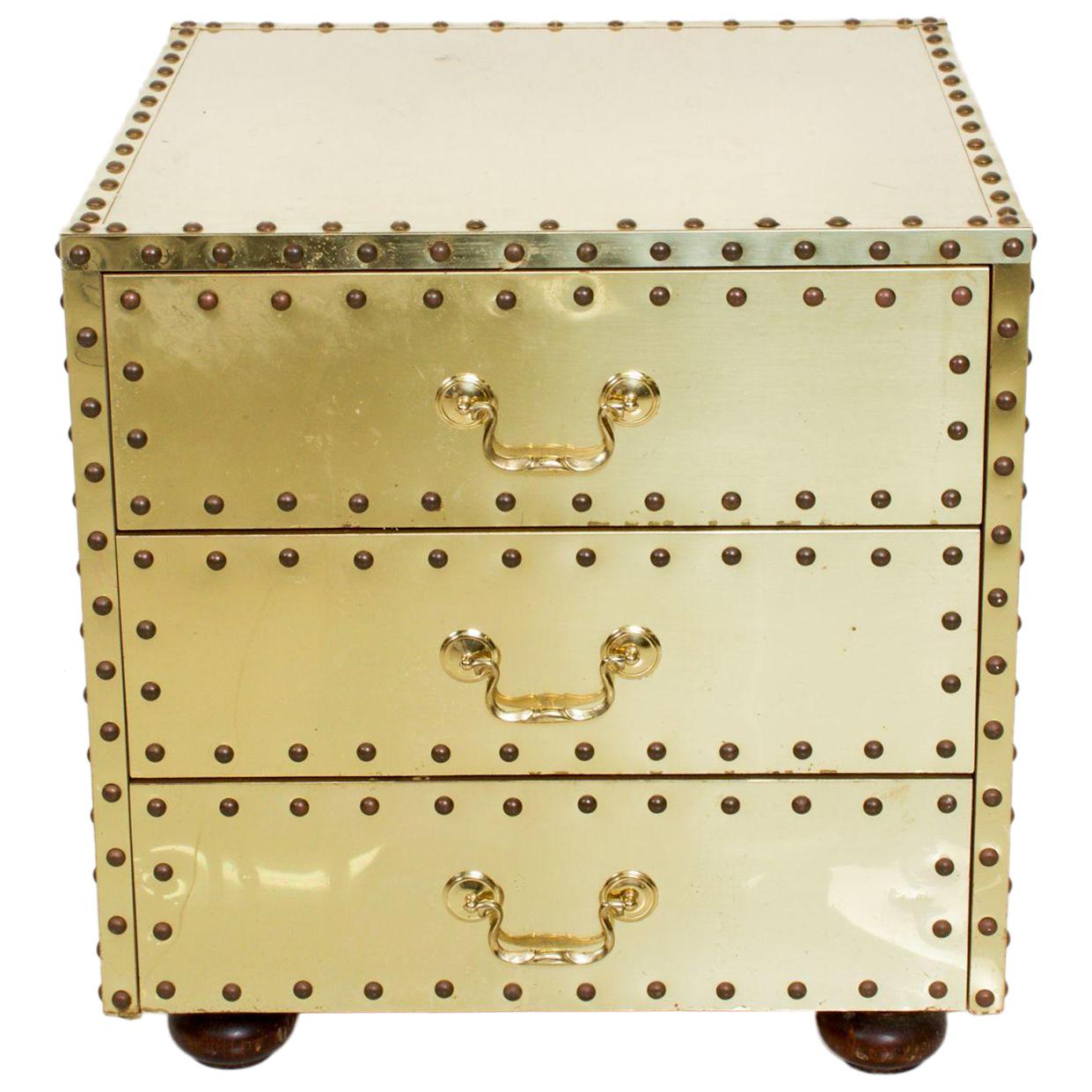 Midcentury Sarreid Spain Studded Brass Chest Three-Drawer Nightstand