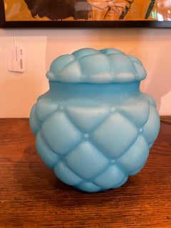 Midcentury Satin Blue Art Glass Lidded Jar with Quilted Design
