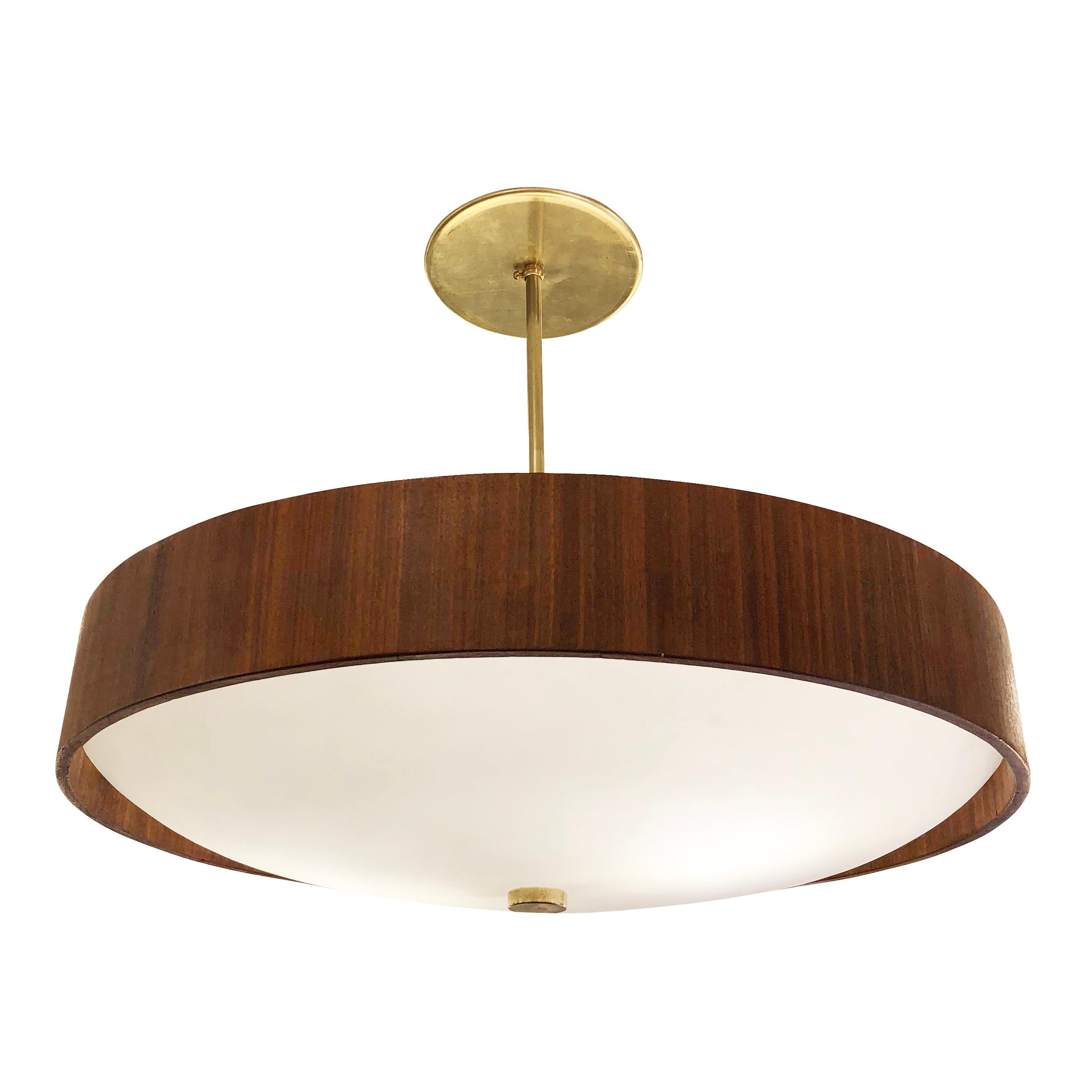 Midcentury Saucer Chandelier with Wood Ring (Moderne der Mitte des Jahrhunderts)