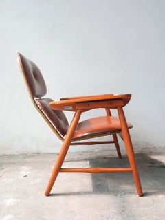 Midcentury Scandinavian Armchair by Domino Mobler in Wood & Brown Faux Leather