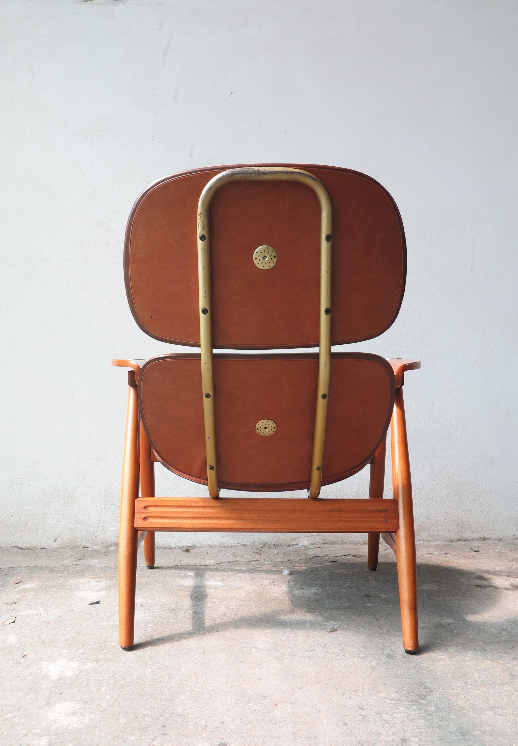 Mid-Century Modern Midcentury Scandinavian Armchair by Domino Mobler in Wood & Brown Faux Leather For Sale