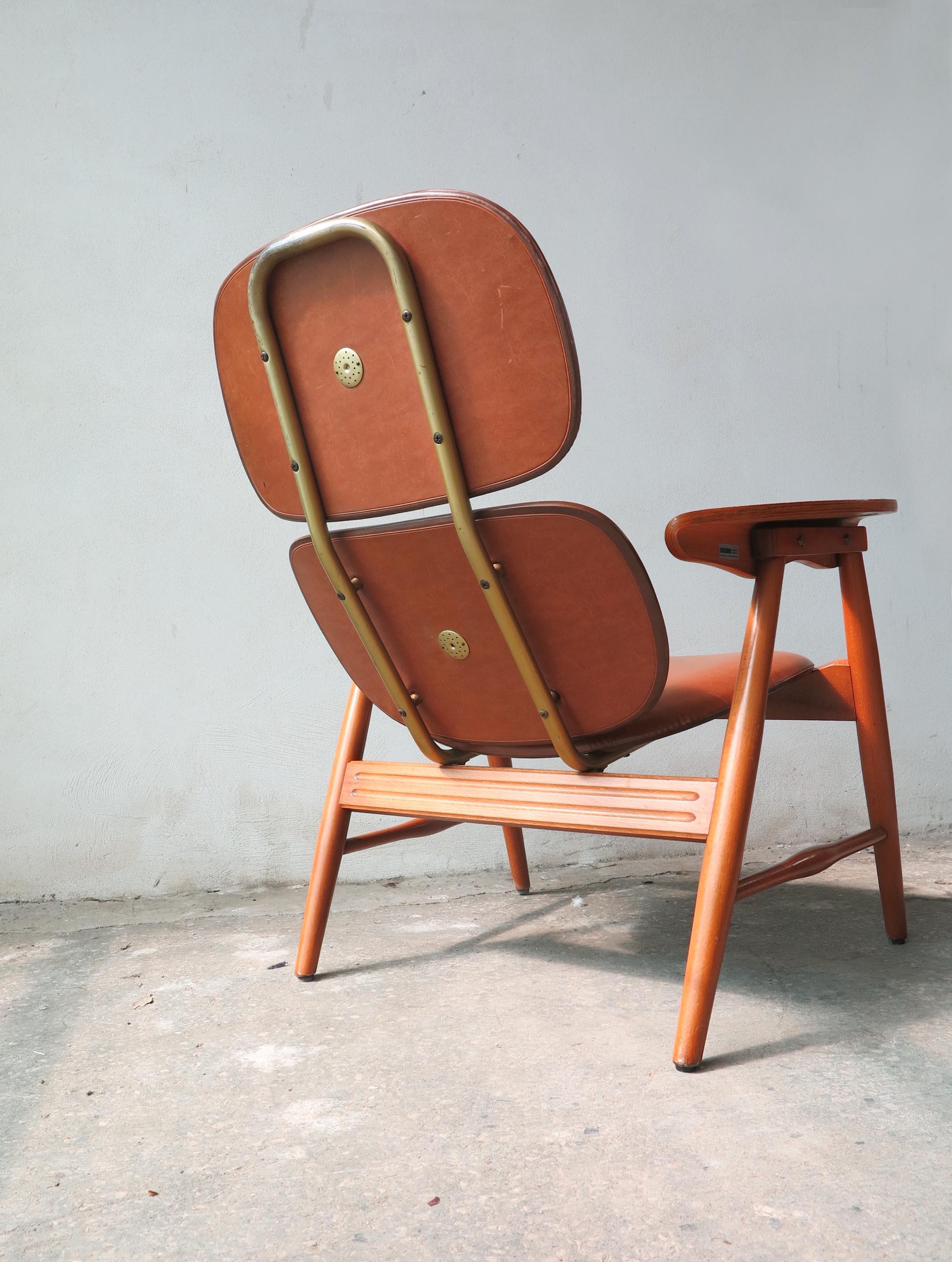 Danish Midcentury Scandinavian Armchair by Domino Mobler in Wood & Brown Faux Leather For Sale