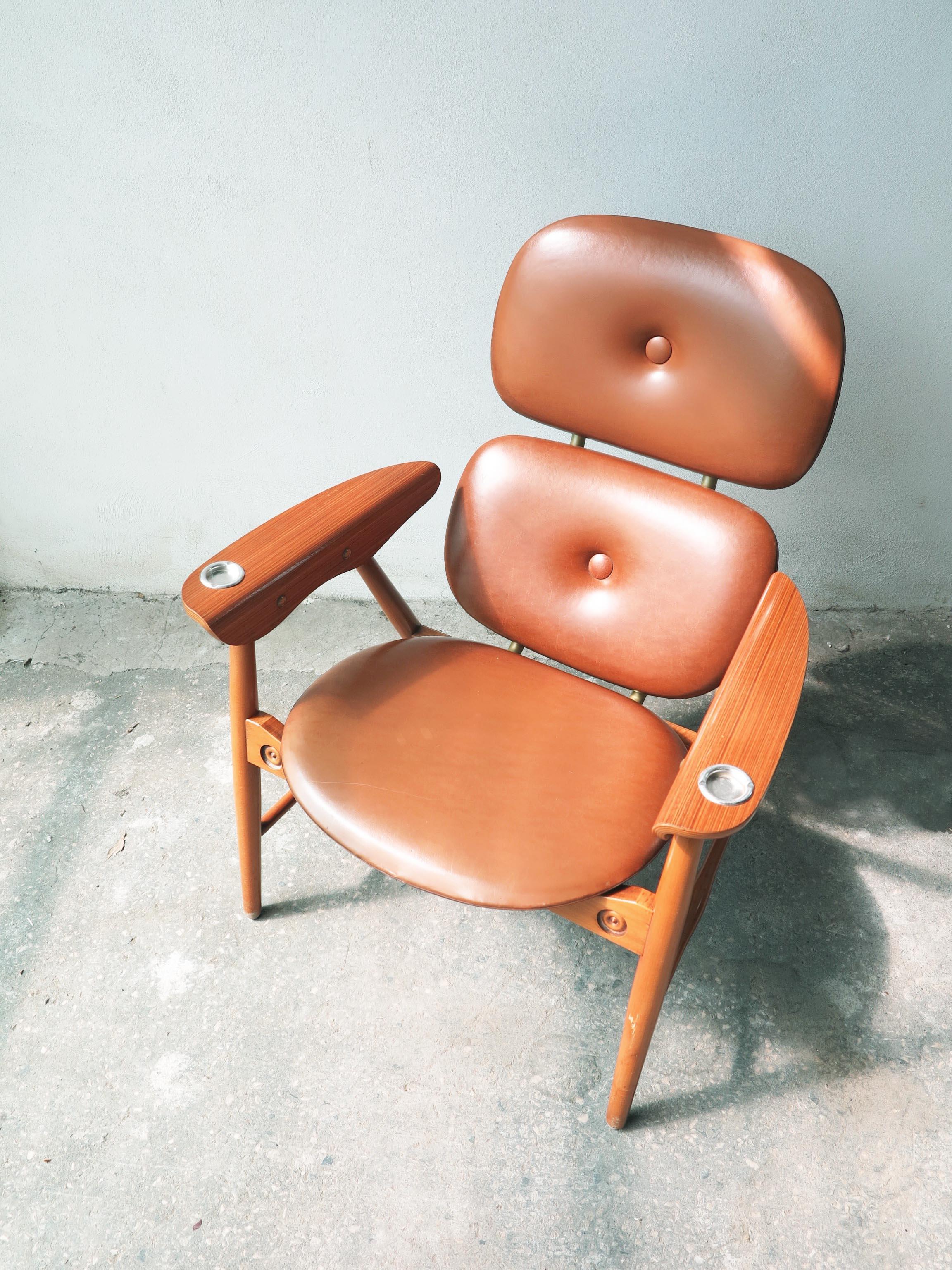 Mid-20th Century Midcentury Scandinavian Armchair by Domino Mobler in Wood & Brown Faux Leather For Sale