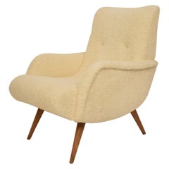 Midcentury Scandinavian Armchair Lounge Chair in White Sheep Wool Fabric, 1960