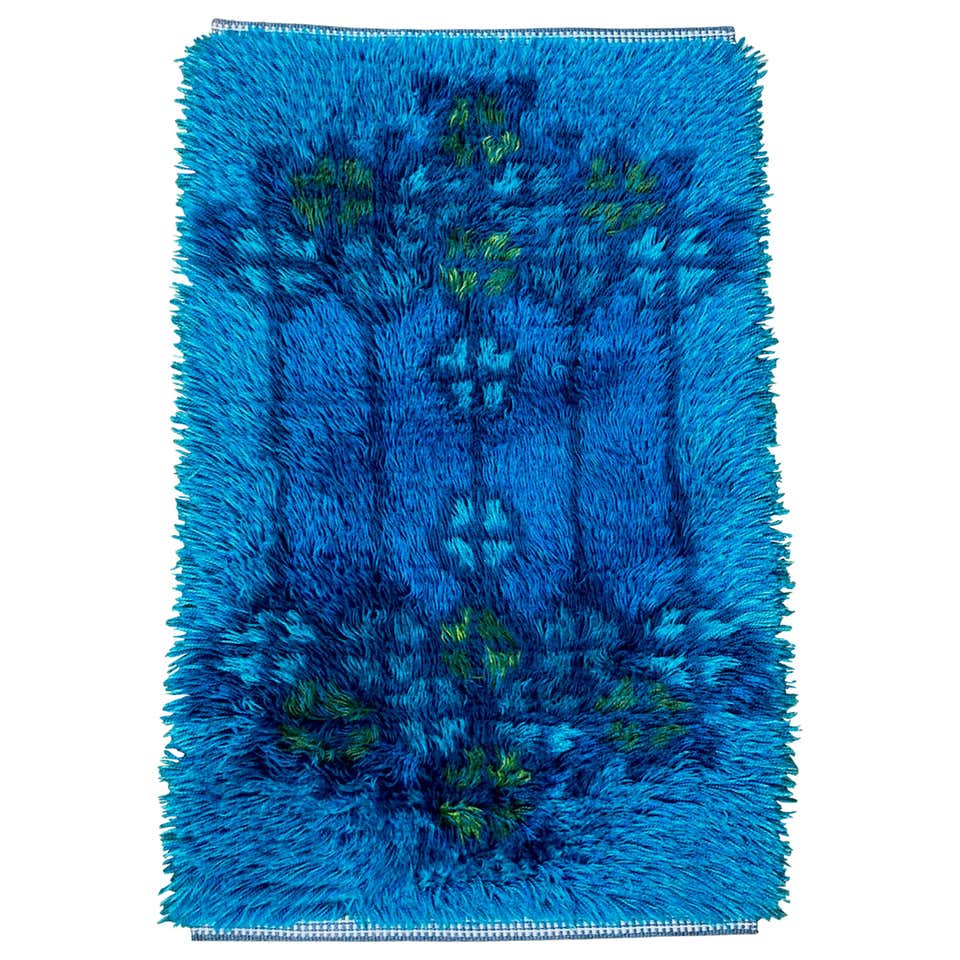 Midcentury Scandinavian Blue Rya Rug at 1stDibs