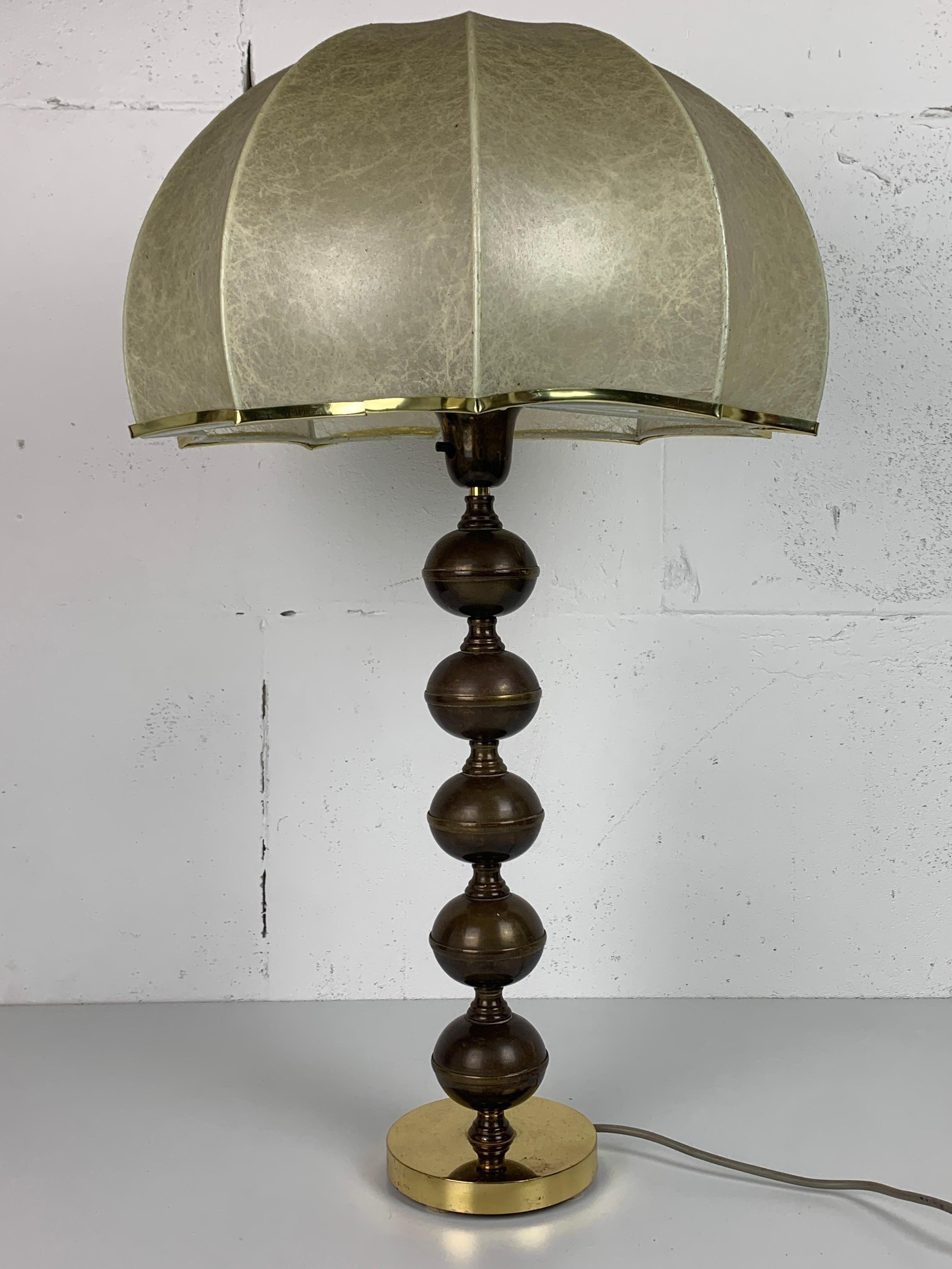 Fantastic brass copper sphere table lamp by Borens Boras, Sweden 1960s. This lamp is in a lovely patinated condition as can be seen in the pics. The cocoon mushroom shade is a later addition ( probably 70s-80s ) but complements this gorgeous and