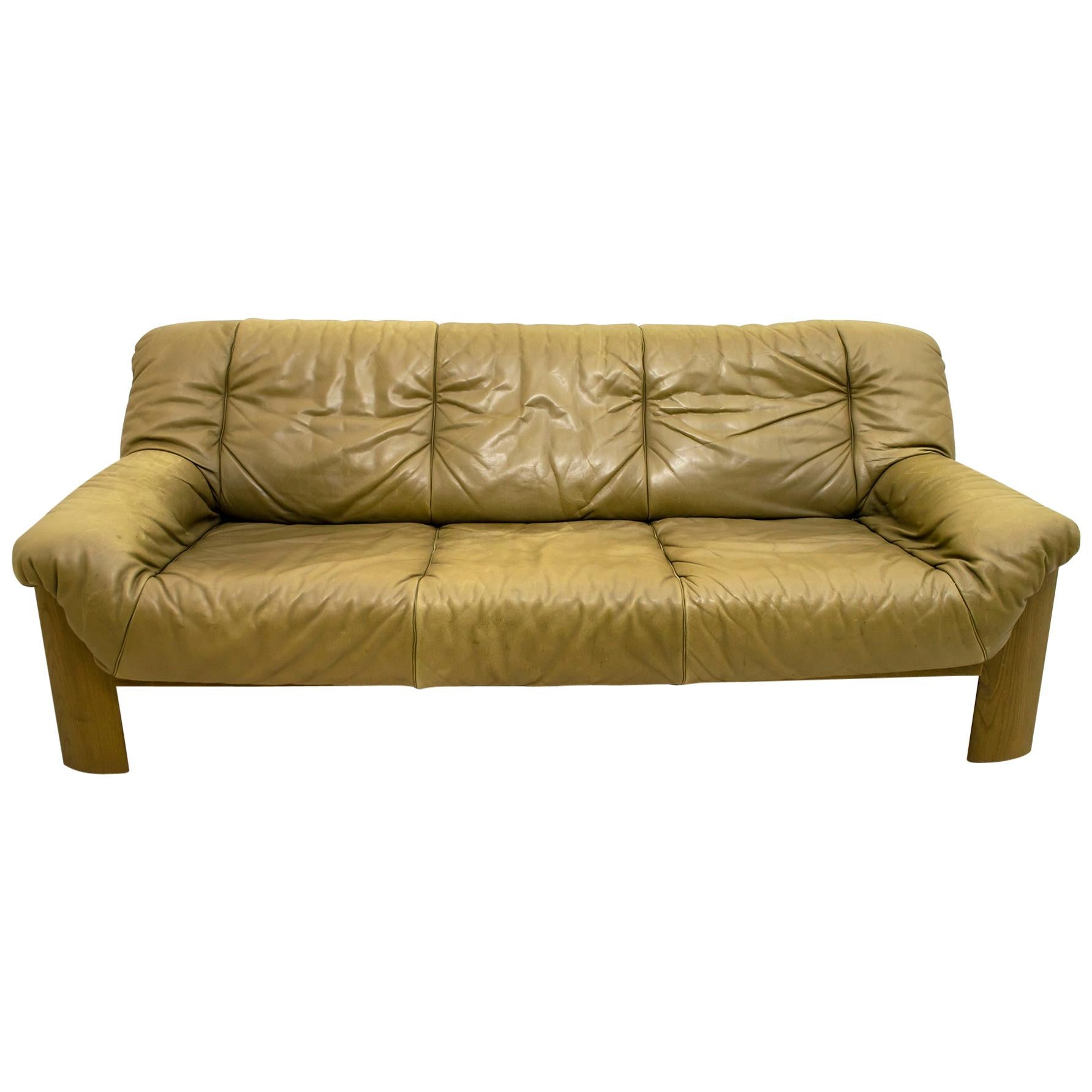 Midcentury Scandinavian Cognac Brown Leather and Oak Tree 3-Seat Sofa, 1970