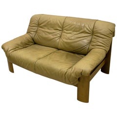 Midcentury Scandinavian Cognac Brown Leather and Oak tree Two-Seat Sofa, 1970