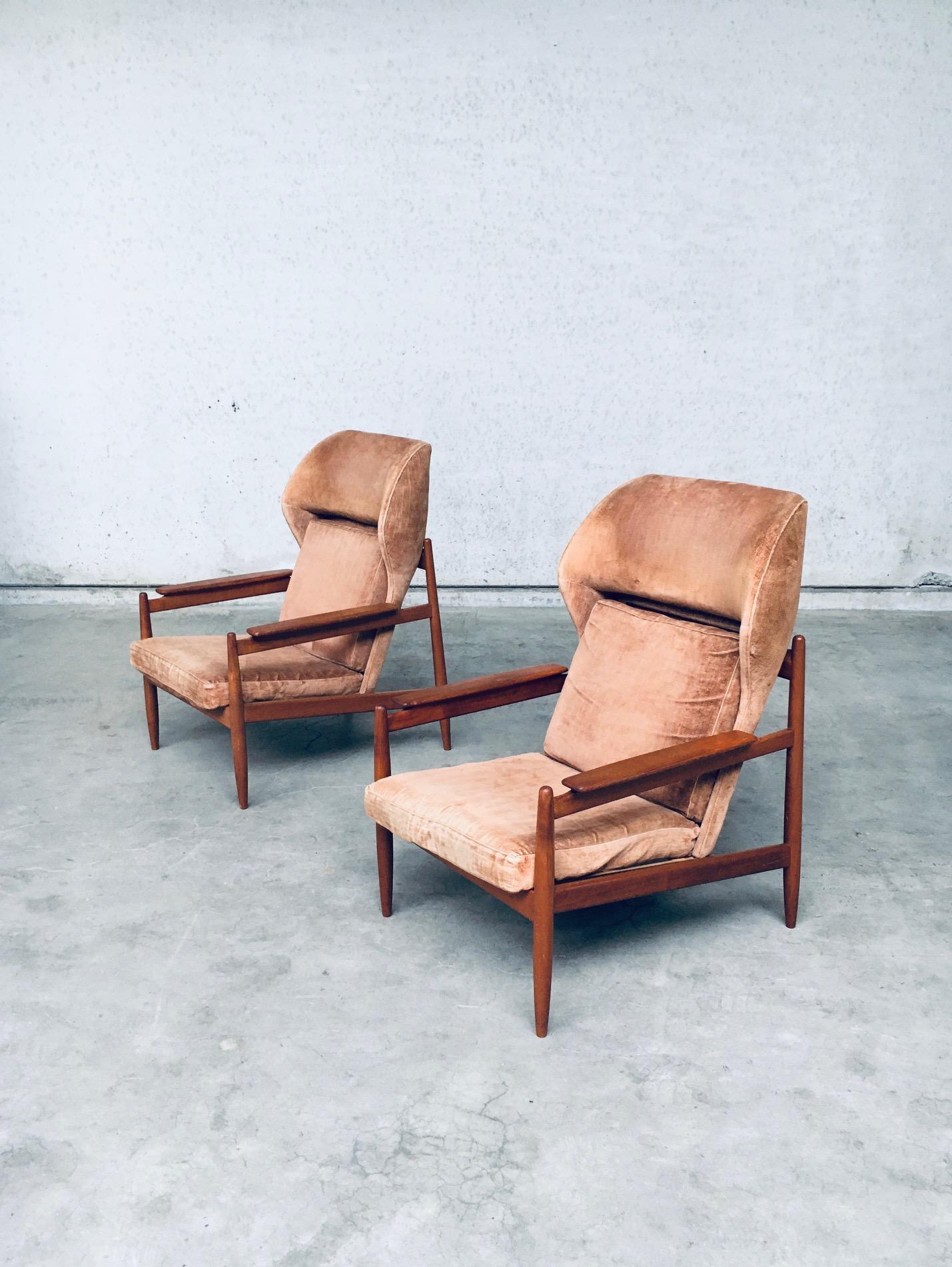 Vintage Mid-Century Modern Scandinavian Design wingback Lounge Chair set of 2. Made in Denmark, Kopenhagen, 1960s. Rare set of armchairs. No maker markings or references found. Teak wood frame with pale brown sturdy fabric covers. All original and