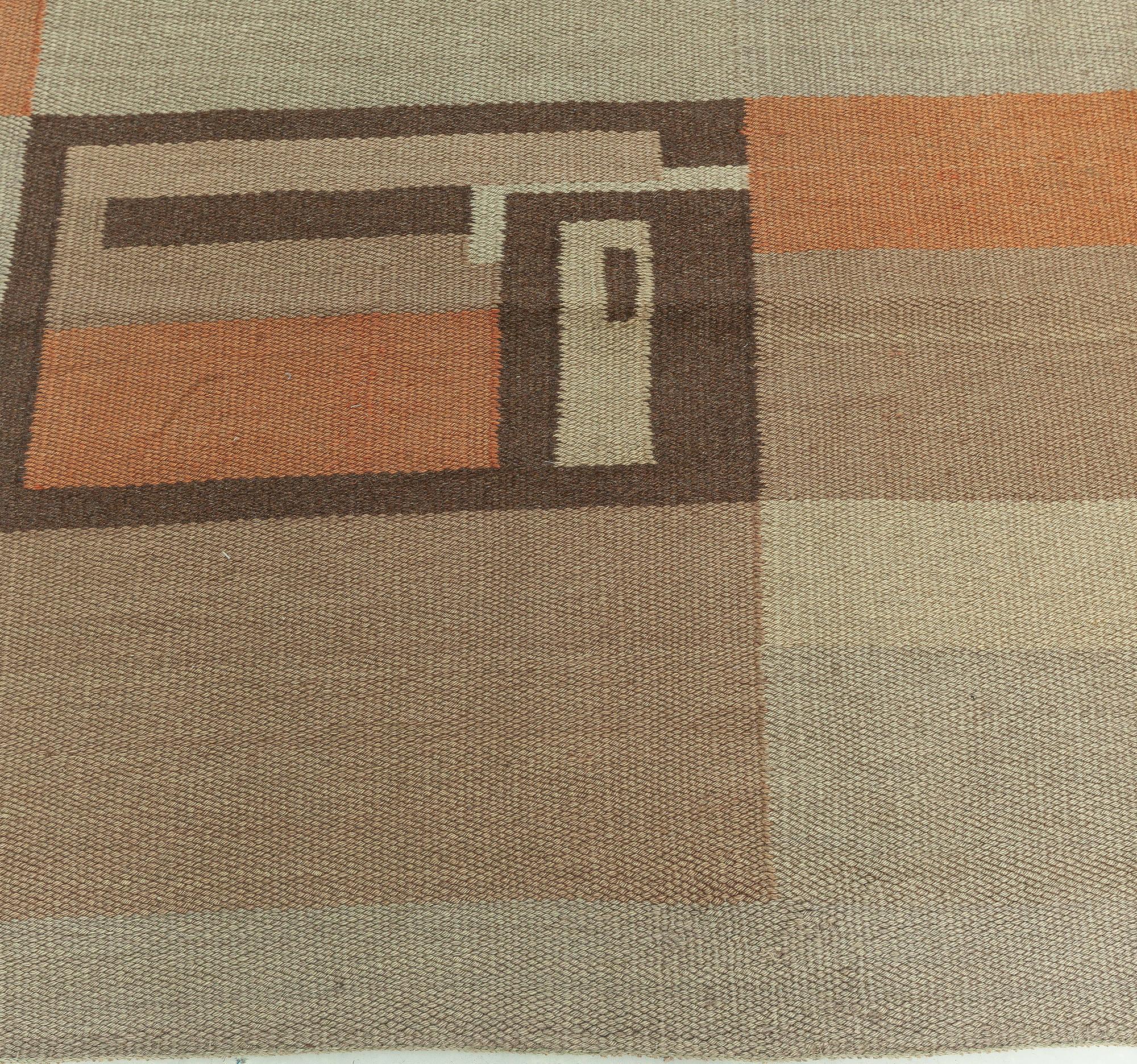 Midcentury Scandinavian Geometric Handmade Wool Rug In Good Condition For Sale In New York, NY