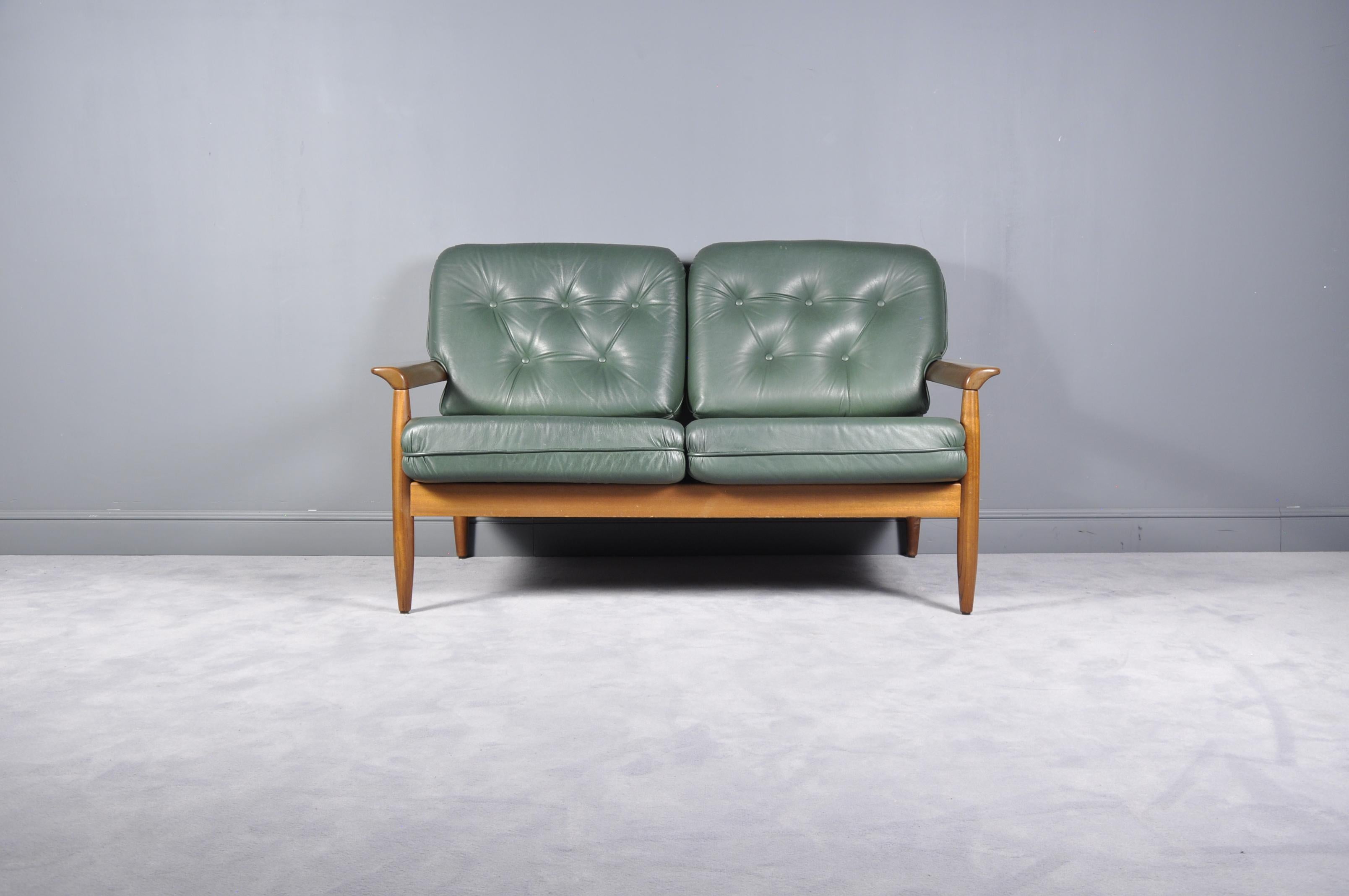 Midcentury Scandinavian Green Leather Sofa Set, 1960s 4