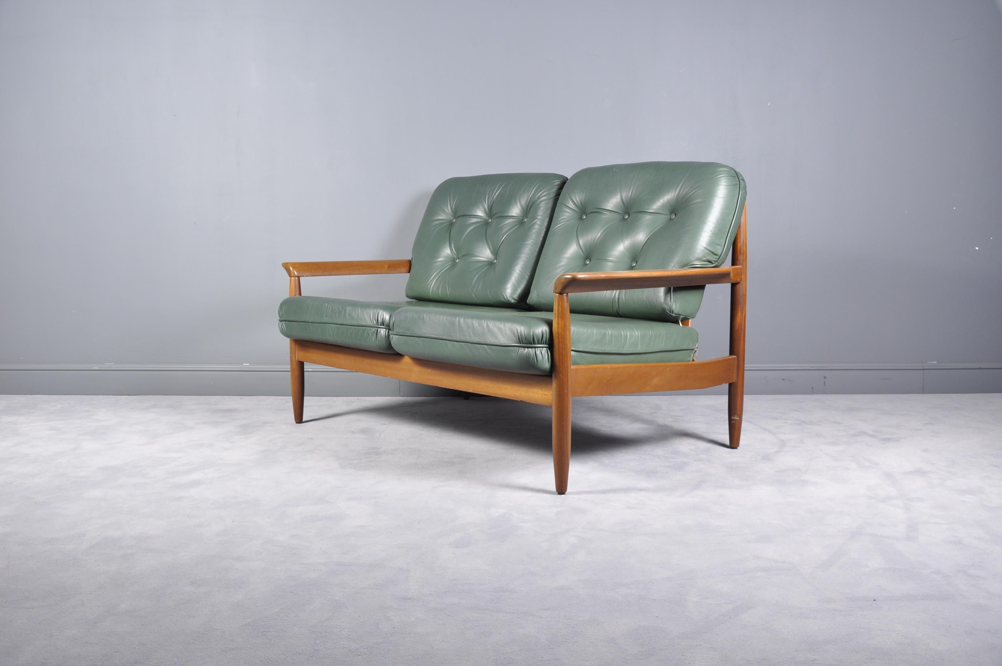 Midcentury Scandinavian Green Leather Sofa Set, 1960s 5