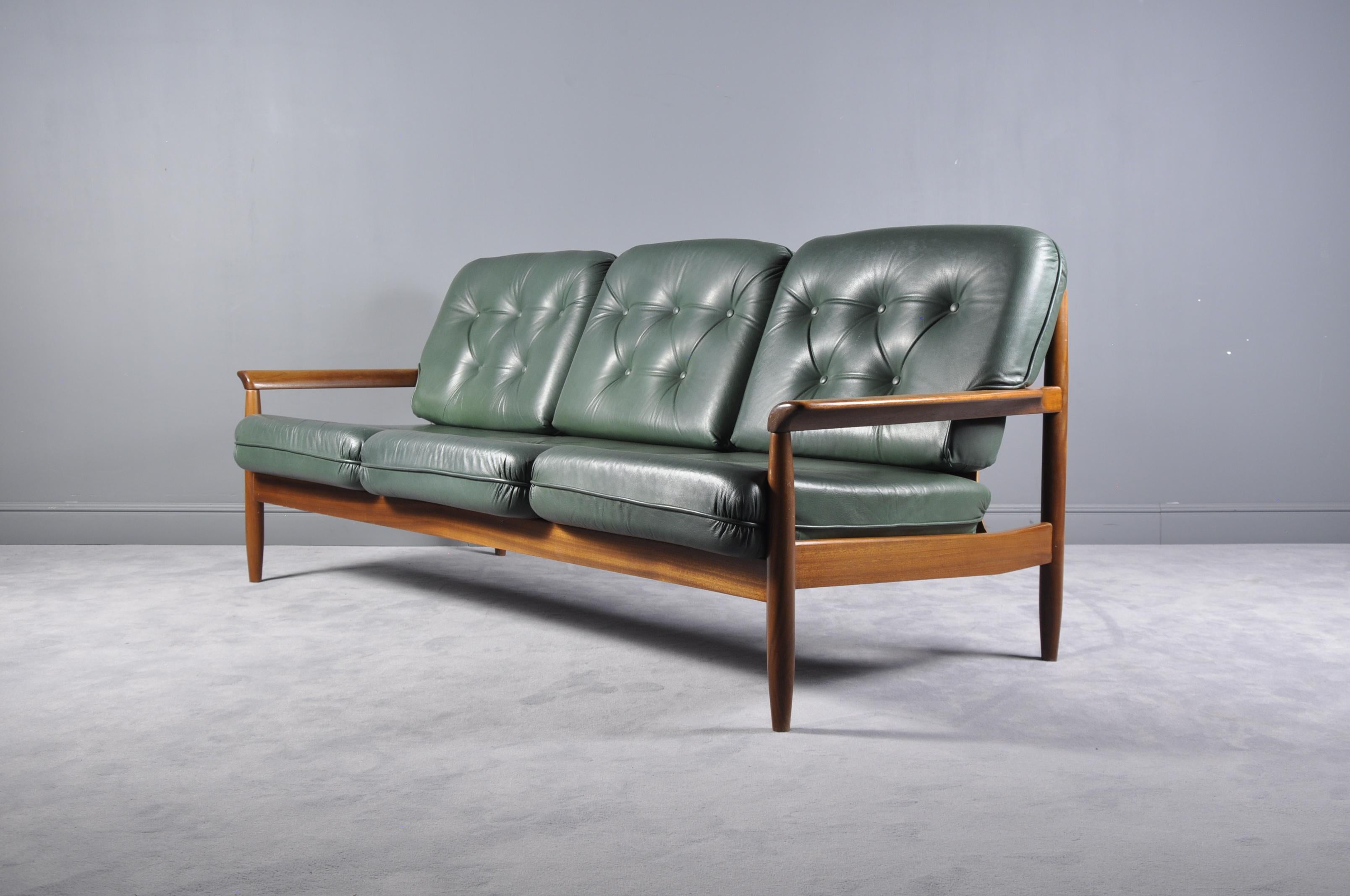 Scandinavian Modern Midcentury Scandinavian Green Leather Sofa Set, 1960s