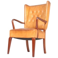 Midcentury Scandinavian Lounge Chair in Patinated Leather, Danish, 1940s