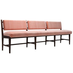 Midcentury Scandinavian Modern Bench in Pink Velvet and Wenge