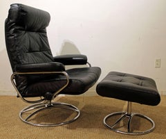 Midcentury Scandinavian Modern Ekornes Stressless Chrome Lounge Chair & Ottoman