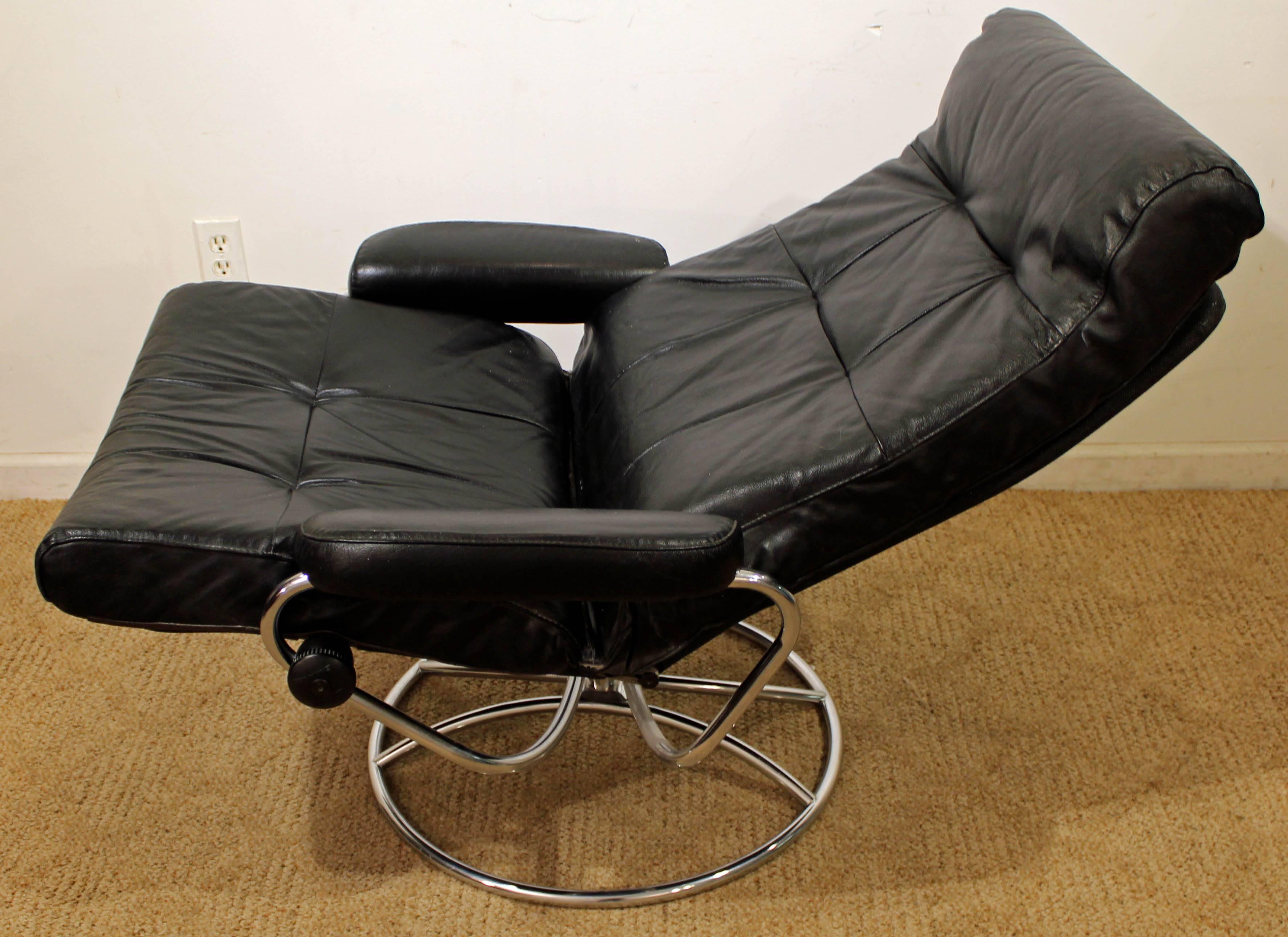 Norwegian Midcentury Scandinavian Modern Ekornes Stressless Chrome Lounge Chair & Ottoman