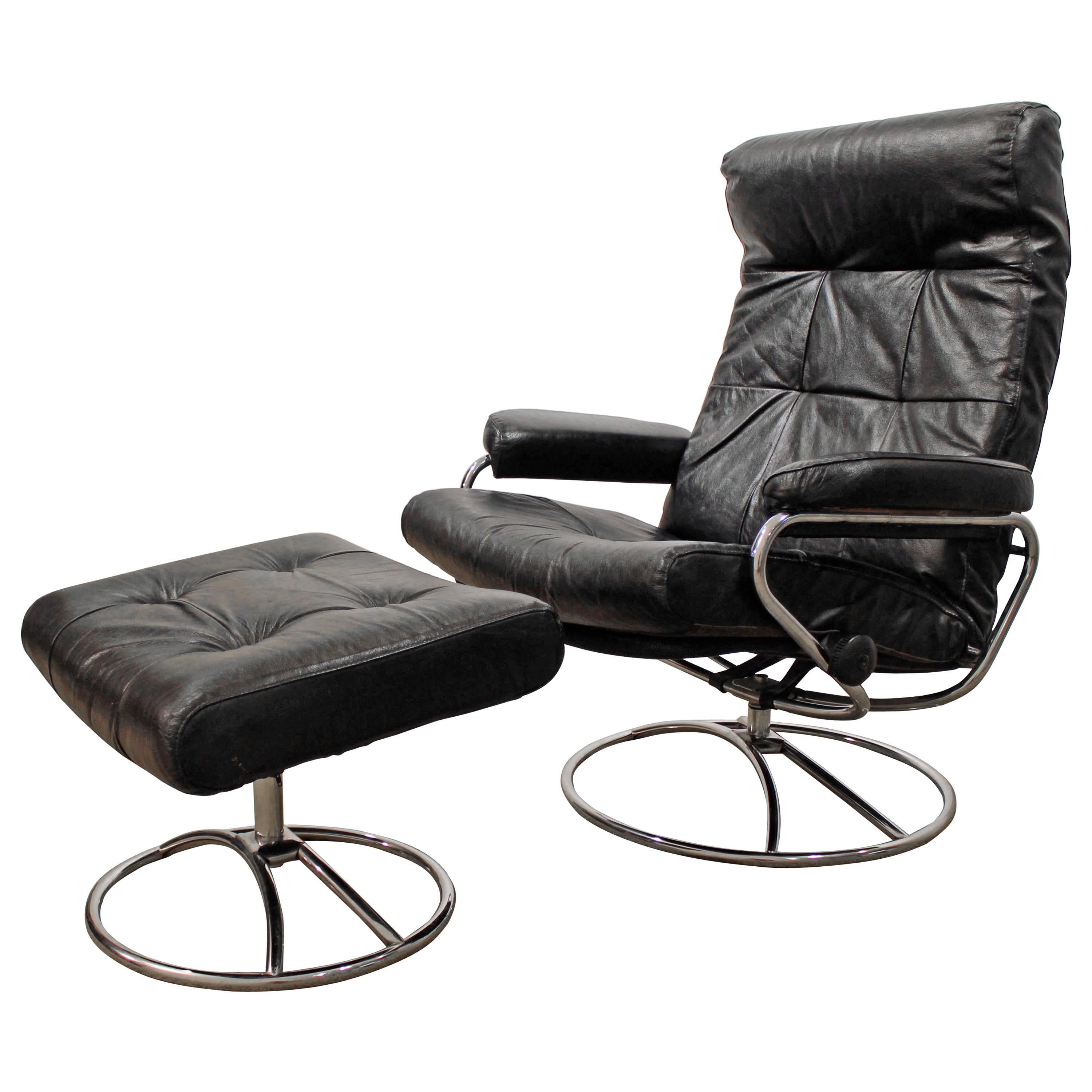 Midcentury Scandinavian Modern Ekornes Stressless Chrome Lounge Chair & Ottoman