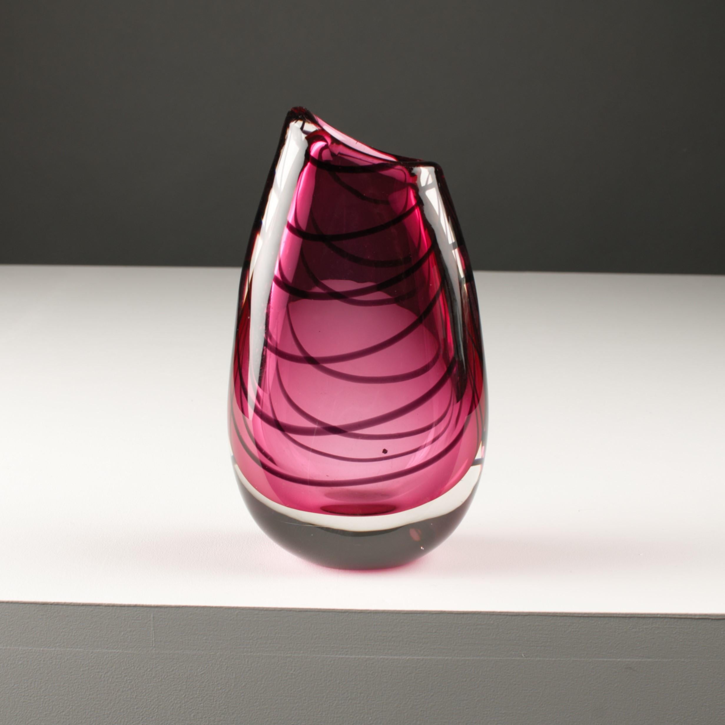 Mid-20th Century Midcentury Scandinavian Modern Glass Art Vase Deco Pink Red Magnor Vase Norway For Sale