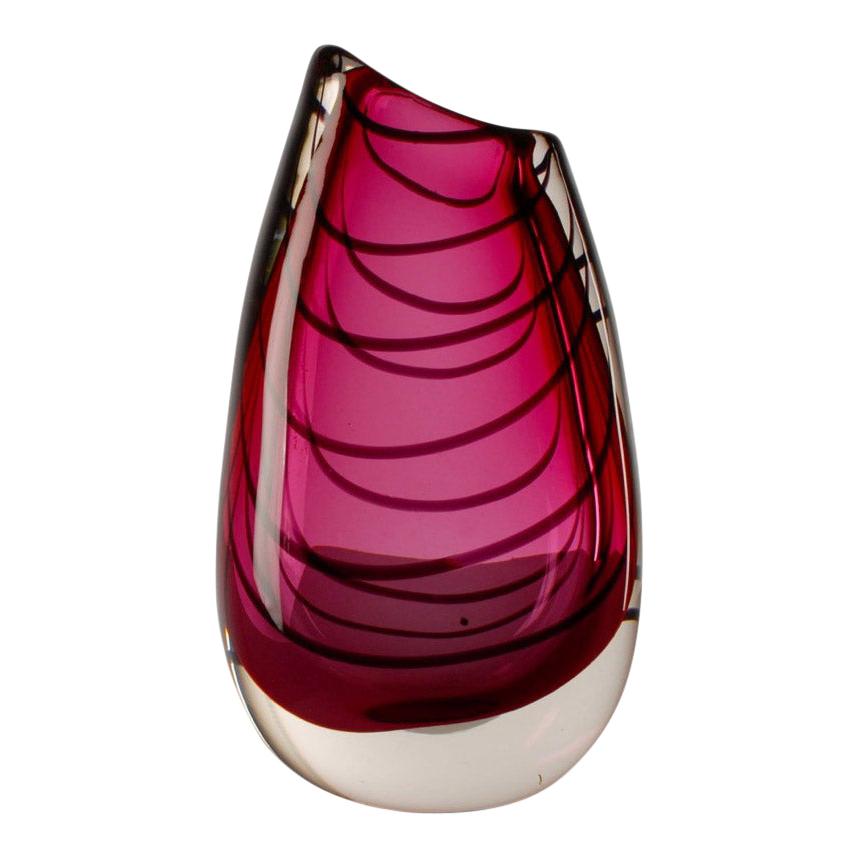 Midcentury Scandinavian Modern Glass Art Vase Deco Pink Red Magnor Vase Norway For Sale