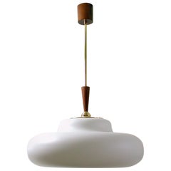 Midcentury Scandinavian Modern Opaline Glass Teak & Brass Pendant by Luxus 1960s