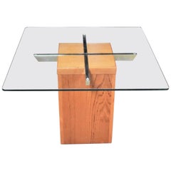 Midcentury Scandinavian Modern Square Teak Chrome and Glass Side Table